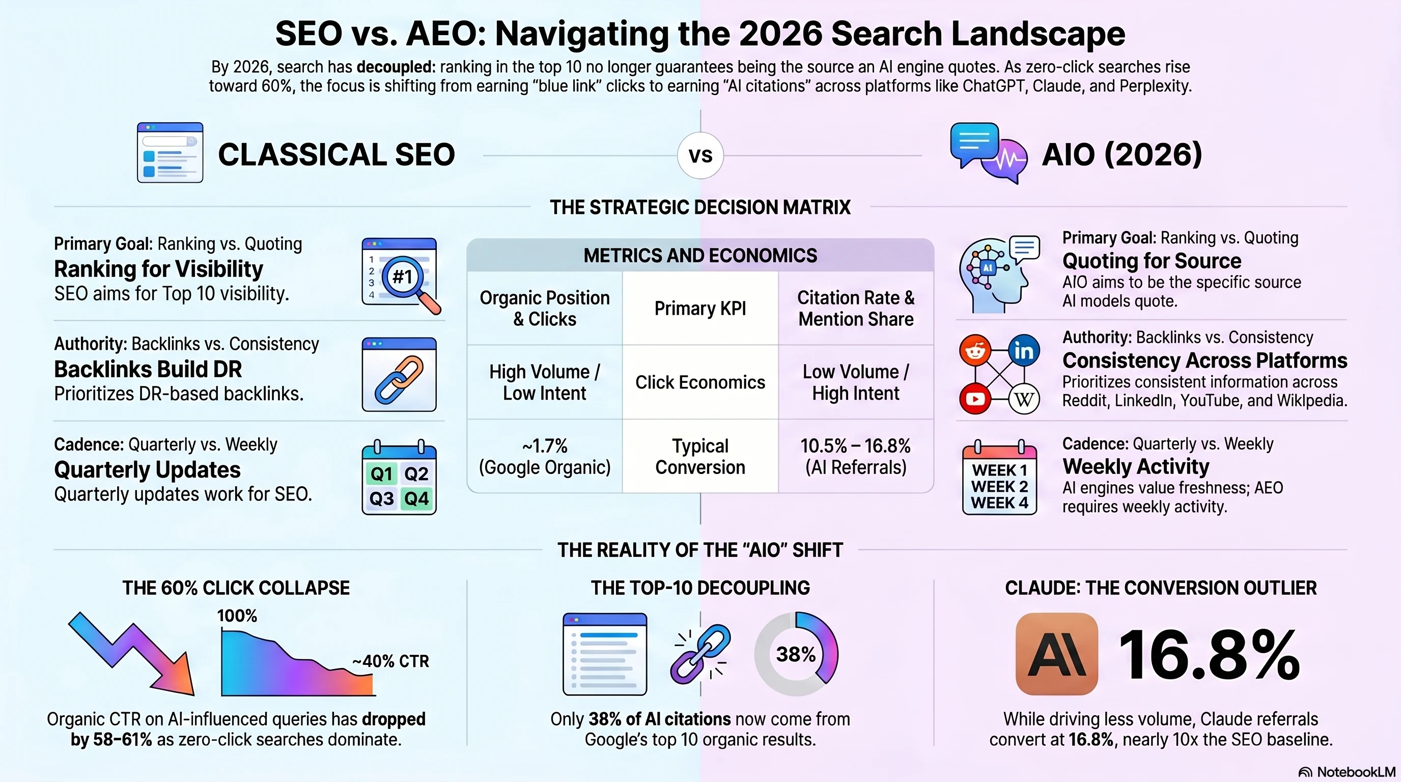 Infographic: AEO vs SEO 2026 — the citation-rate KPI replacing rank, the 8-engine routing matrix, and the share-of-voice metric that now measures pipeline exposure