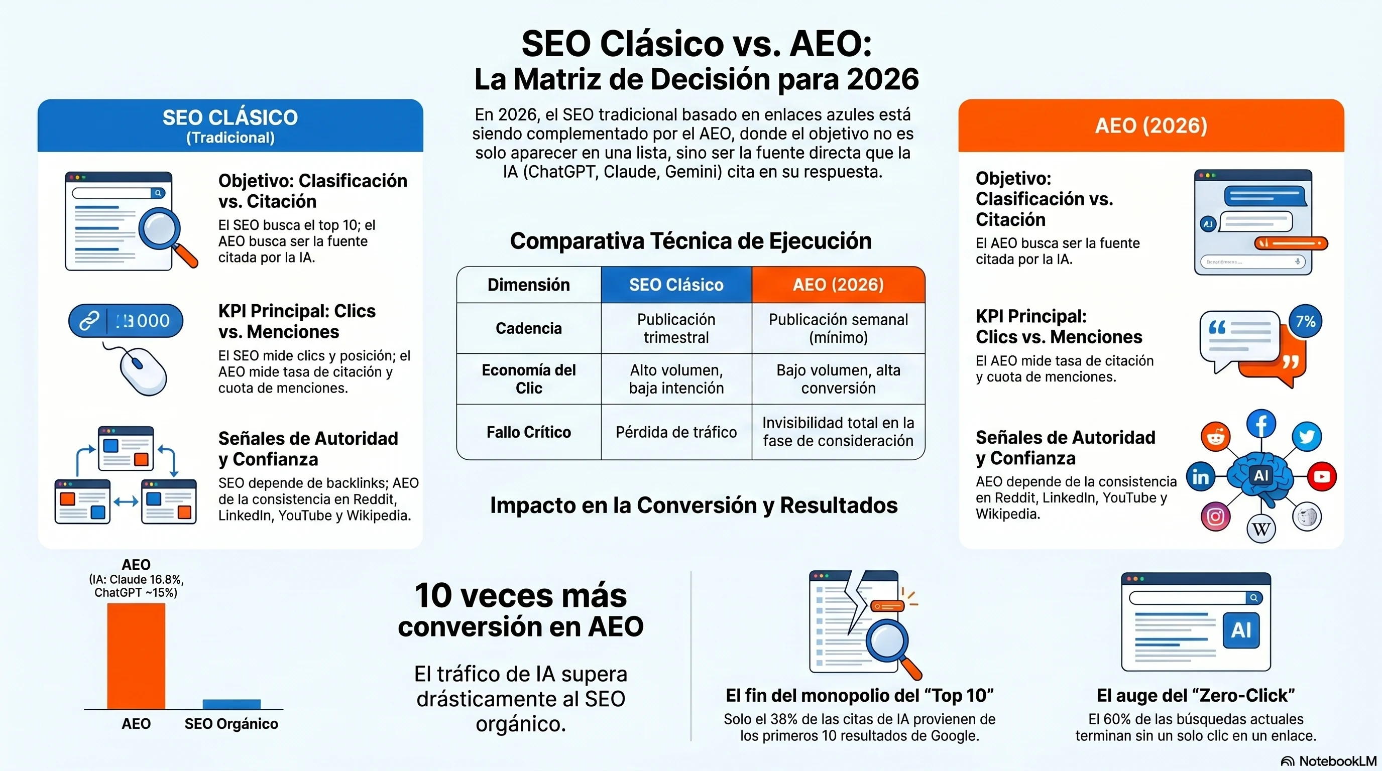 Infografía: AEO vs SEO 2026 — la tasa de citas como KPI que reemplaza al ranking, la matriz de 8 motores y la métrica de share of voice que mide la exposición al pipeline