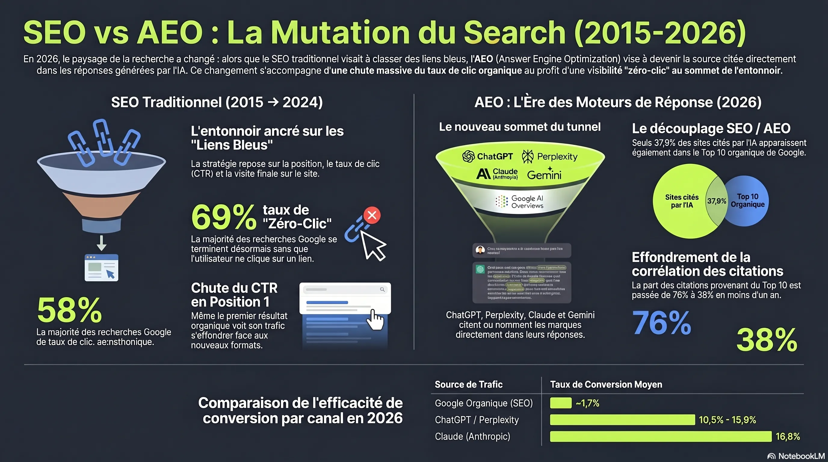 Infographie : AEO vs SEO 2026 — le KPI taux de citation qui remplace le rang, la matrice de routage 8 moteurs et la métrique share of voice qui mesure désormais l'exposition au pipeline