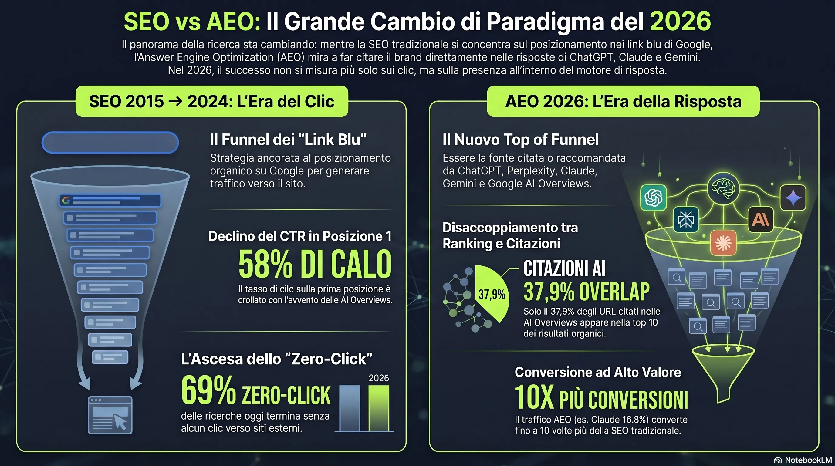 Infografica: AEO vs SEO 2026 — il tasso di citazione come KPI che sostituisce il ranking, la matrice di routing degli 8 motori e la metrica share of voice che misura l'esposizione alla pipeline