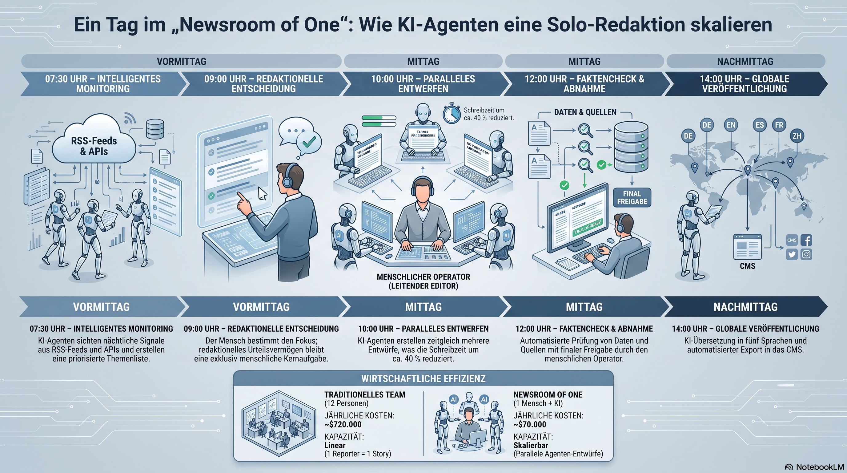 Infografik, die den Tag einer Ein-Personen-Redaktion nachzeichnet: Überwachungsagenten holen um 07:30 die Signale der Nacht hervor, der Betreiber wählt um 09:00 den Blickwinkel, Entwurfsagenten arbeiten um 10:00 parallel, eine Faktencheck-Schleife und menschliche Bearbeitung um 12:00, und die Veröffentlichung in fünf Sprachen, um 14:00 ins CMS geschoben