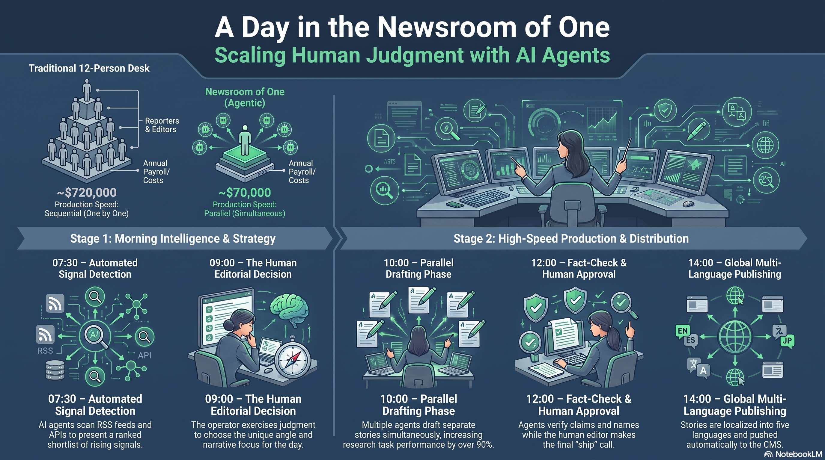 Infographic mapping the day in the life of a newsroom of one: monitoring agents surface overnight signals at 07:30, the operator chooses the angle at 09:00, drafting agents work in parallel at 10:00, a fact-check loop and human edit at 12:00, and publish in five languages auto-pushed to the CMS at 14:00