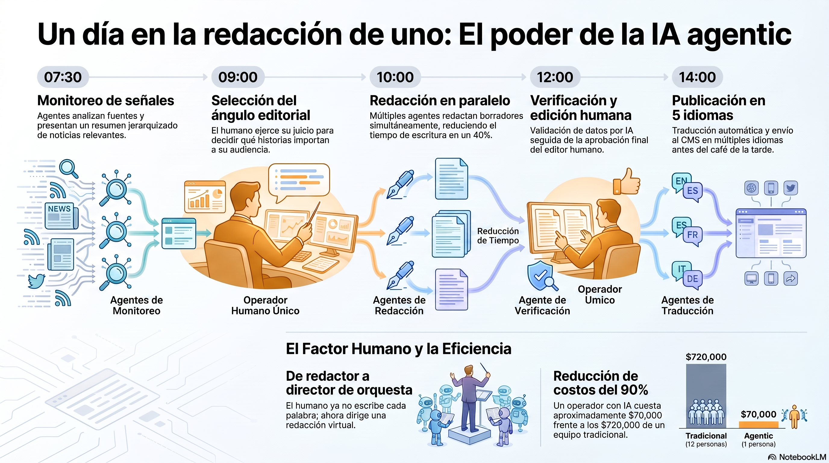 Infografía que traza el día en la vida de una redacción de una persona: los agentes de monitorización sacan las señales de la noche a las 07:30, el operador elige el ángulo a las 09:00, los agentes de redacción trabajan en paralelo a las 10:00, un bucle de verificación y edición humana a las 12:00, y la publicación en cinco idiomas enviada al CMS a las 14:00