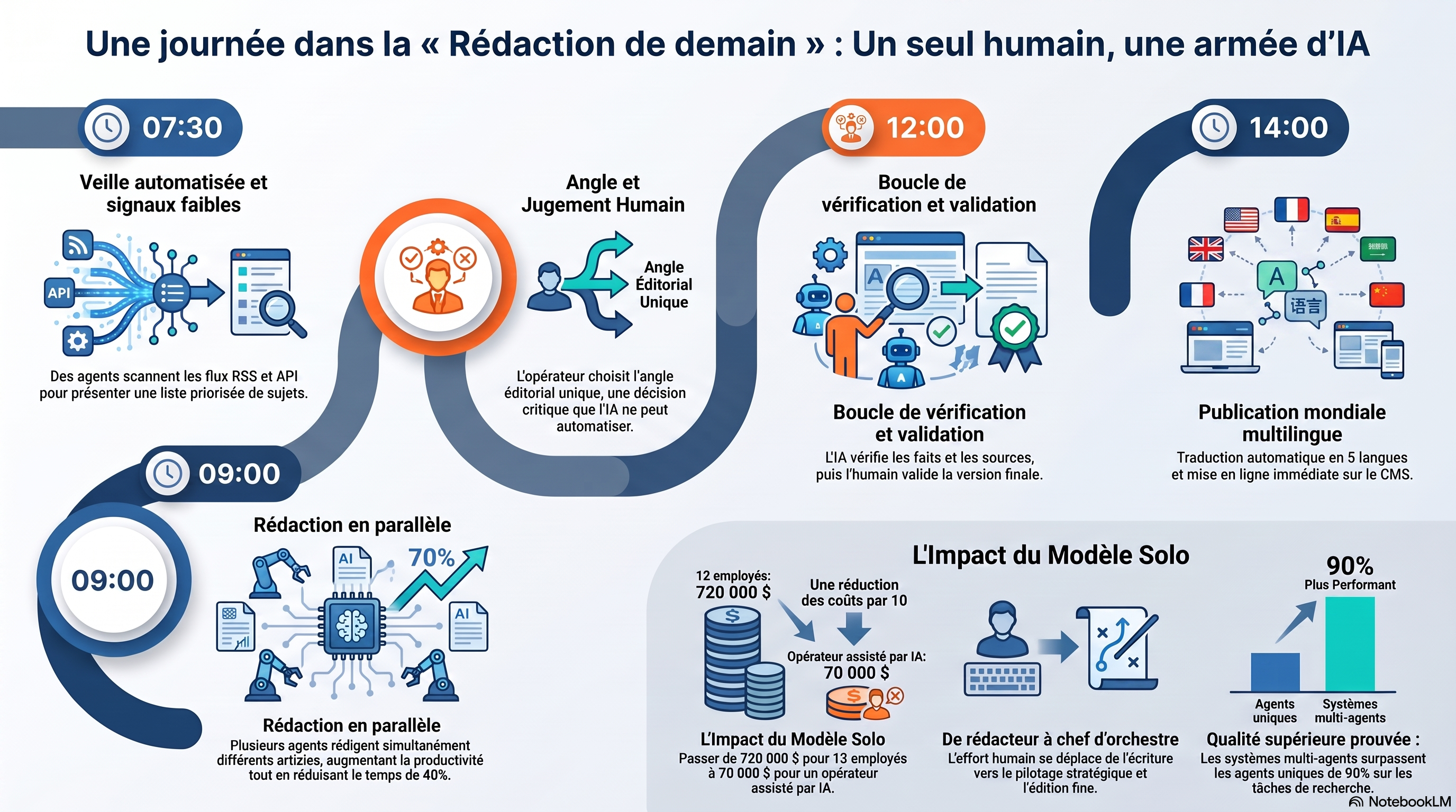 Infographie retraçant la journée d'une rédaction d'une personne : les agents de veille font remonter les signaux de la nuit à 07:30, l'opérateur choisit l'angle à 09:00, les agents de rédaction travaillent en parallèle à 10:00, une boucle de vérification et une édition humaine à 12:00, et la publication en cinq langues poussée vers le CMS à 14:00