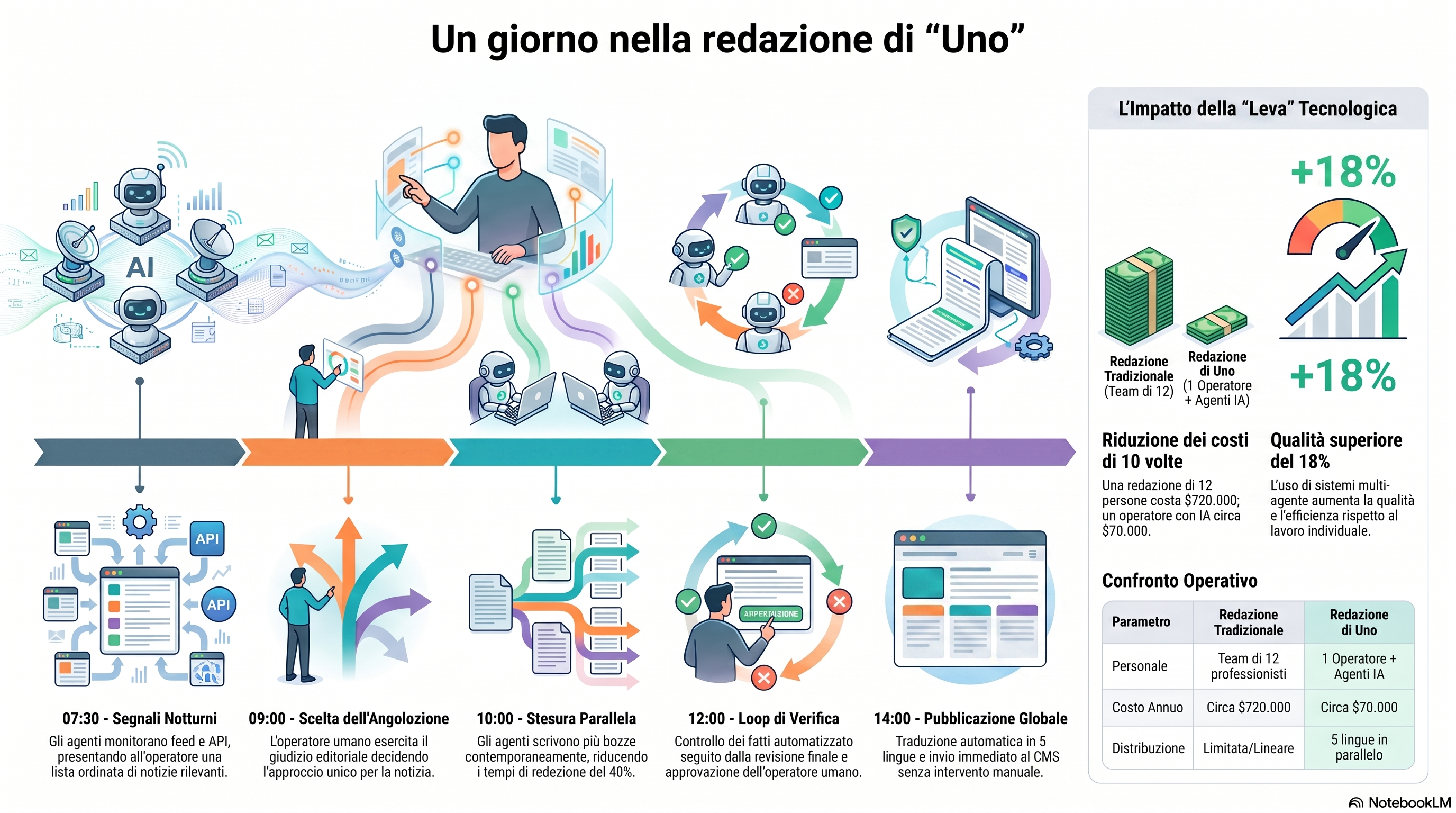Infografica che ripercorre la giornata di una redazione di una persona: gli agenti di monitoraggio fanno emergere i segnali della notte alle 07:30, l'operatore sceglie l'angolo alle 09:00, gli agenti di stesura lavorano in parallelo alle 10:00, un ciclo di verifica e revisione umana alle 12:00, e la pubblicazione in cinque lingue spinta al CMS alle 14:00