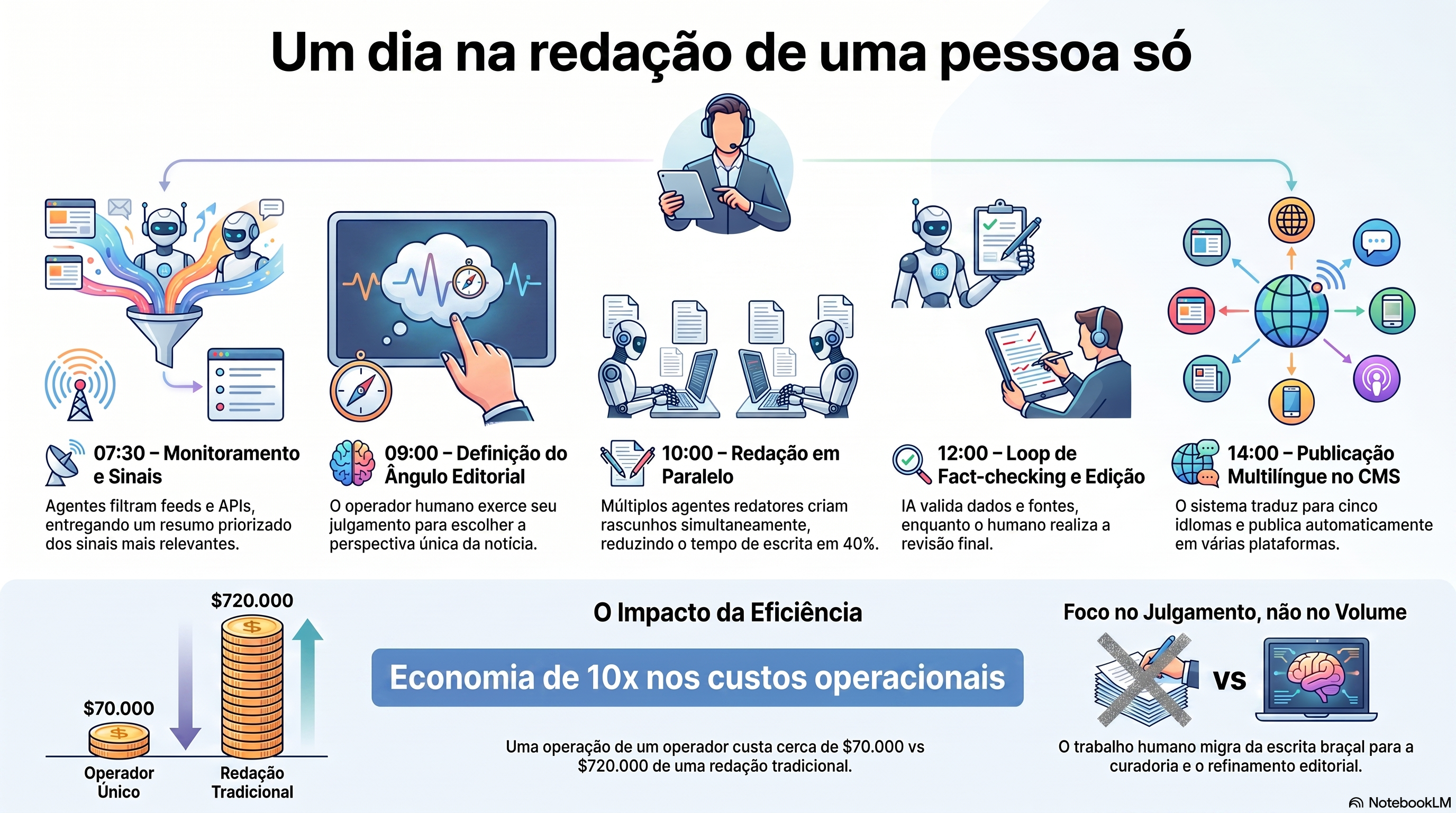 Infográfico traçando o dia de uma redação de uma pessoa: agentes de monitoramento trazem os sinais da noite às 07:30, o operador escolhe o ângulo às 09:00, agentes de redação trabalham em paralelo às 10:00, um ciclo de verificação e edição humana às 12:00, e a publicação em cinco idiomas enviada ao CMS às 14:00