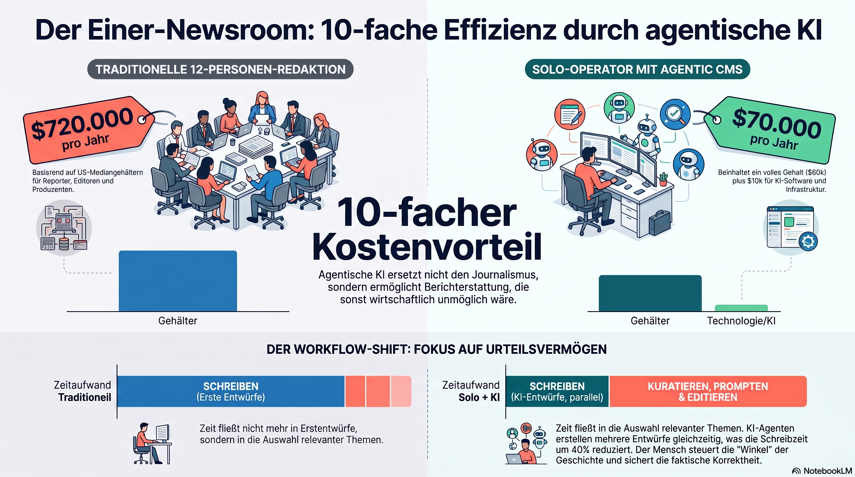 Infografik zur Ökonomie von eins gegen zwölf: ein Zwölf-Personen-Tisch kostet rund 720.000 Dollar pro Jahr an Gehältern, während ein Betreiber plus ein agentischer Stack rund 70.000 Dollar kostet, eine zehnfache Lücke, und die Zeit des Betreibers verschiebt sich vom Schreiben von Entwürfen zum Kuratieren, Prompten und Redigieren