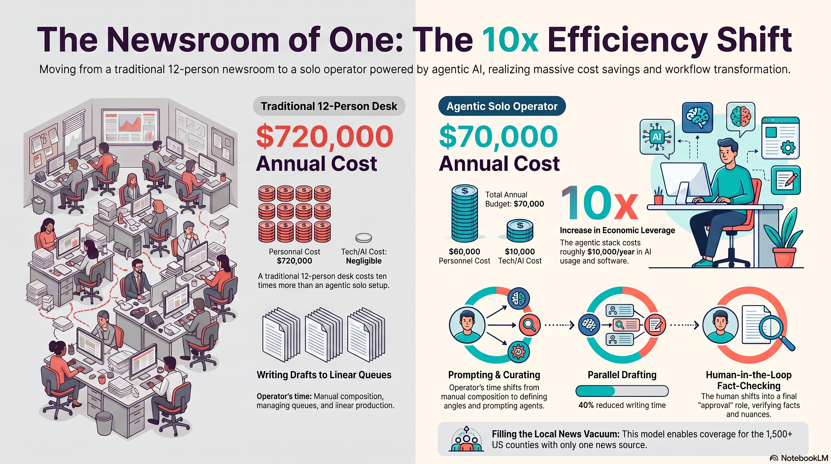 Infographic on the economics of one versus twelve: a twelve-person desk costs roughly 720,000 dollars a year in salaries while one operator plus an agentic stack costs about 70,000 dollars, a tenfold gap, and the operator's time shifts from writing drafts to curating, prompting and editing