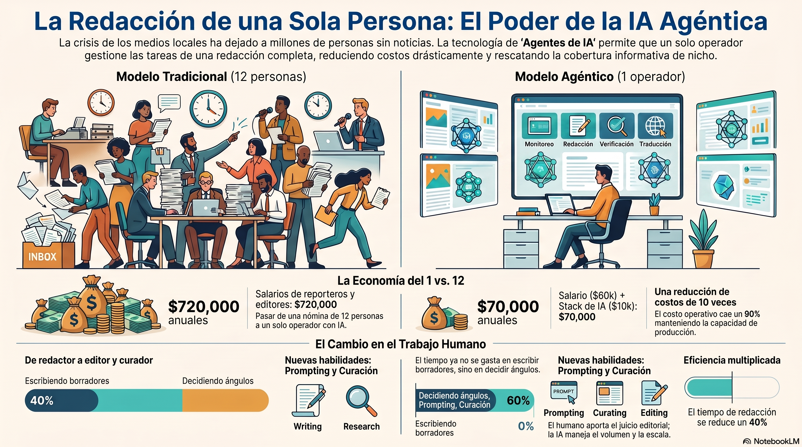 Infografía sobre la economía de uno frente a doce: una mesa de doce personas cuesta unos 720.000 dólares al año en salarios mientras que un operador más una pila agéntica cuesta unos 70.000 dólares, una brecha de diez veces, y el tiempo del operador pasa de escribir borradores a curar, dar prompts y editar