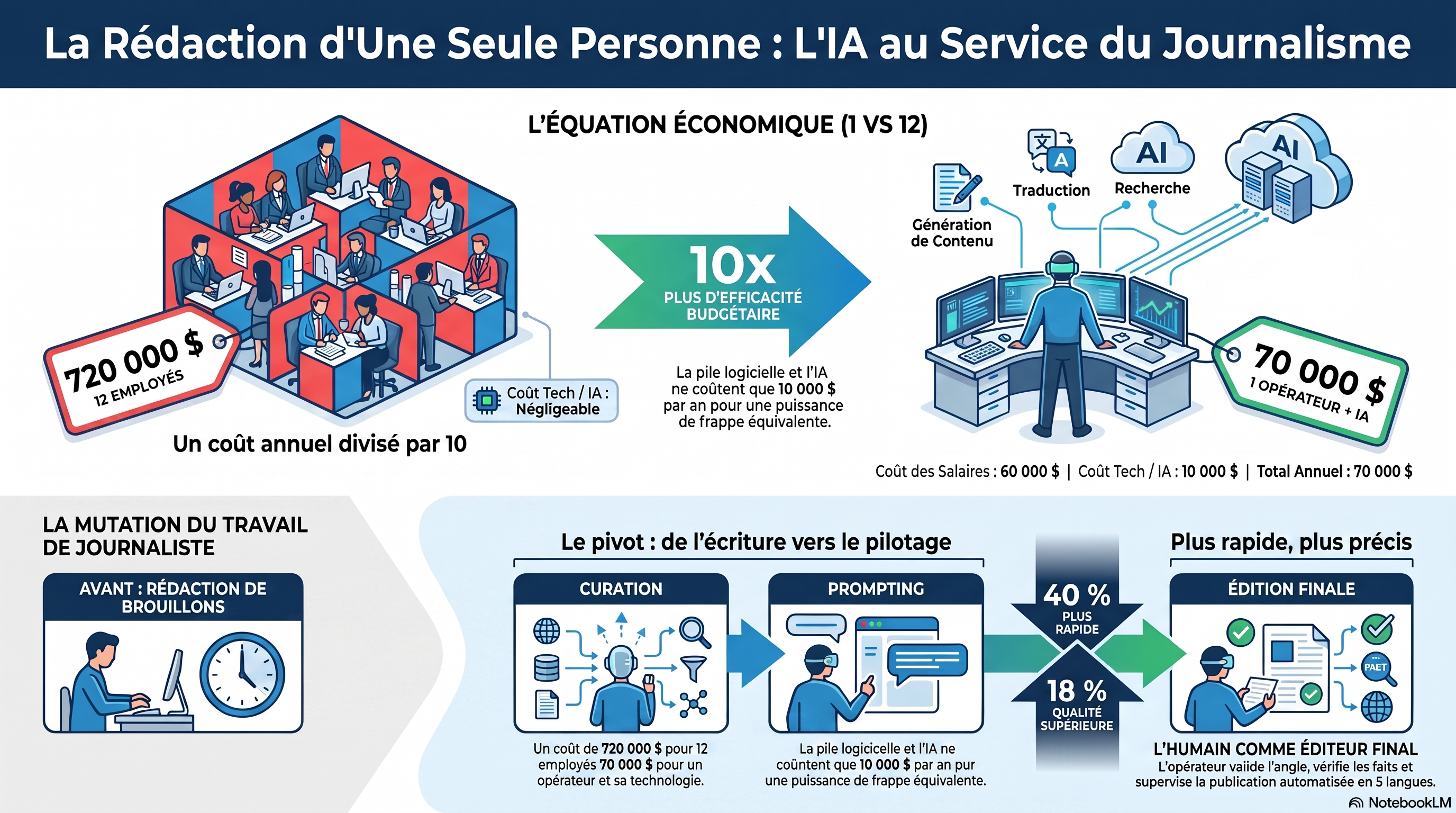 Infographie sur l'économie de un contre douze : une table de douze personnes coûte environ 720 000 dollars par an en salaires tandis qu'un opérateur plus une chaîne agentique coûte environ 70 000 dollars, un écart de dix fois, et le temps de l'opérateur passe de l'écriture de brouillons à la curation, au prompting et à l'édition