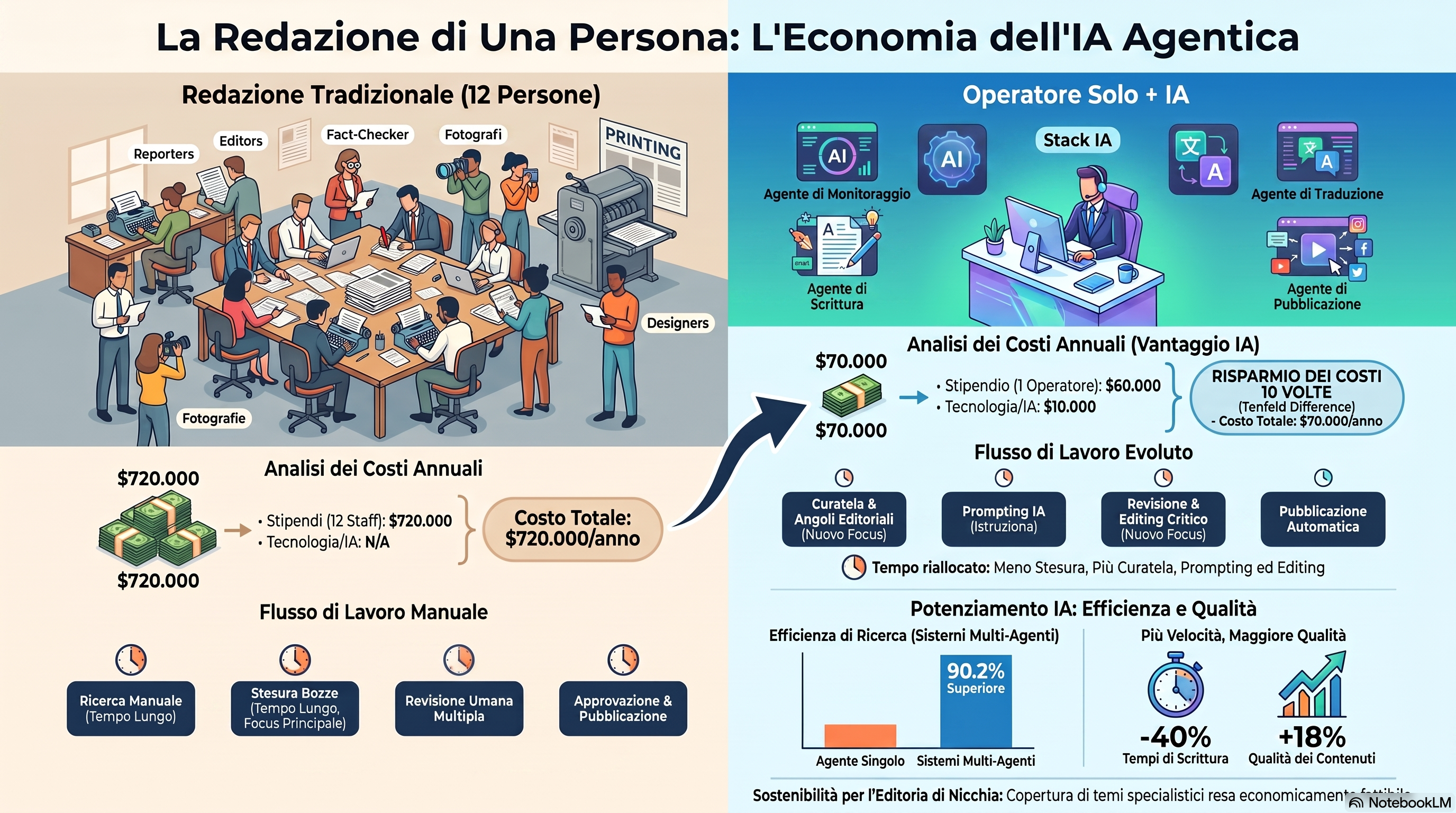 Infografica sull'economia di uno contro dodici: un tavolo di dodici persone costa circa 720.000 dollari l'anno in stipendi mentre un operatore più uno stack agentico costa circa 70.000 dollari, un divario di dieci volte, e il tempo dell'operatore passa dallo scrivere bozze al curare, dare prompt e revisionare