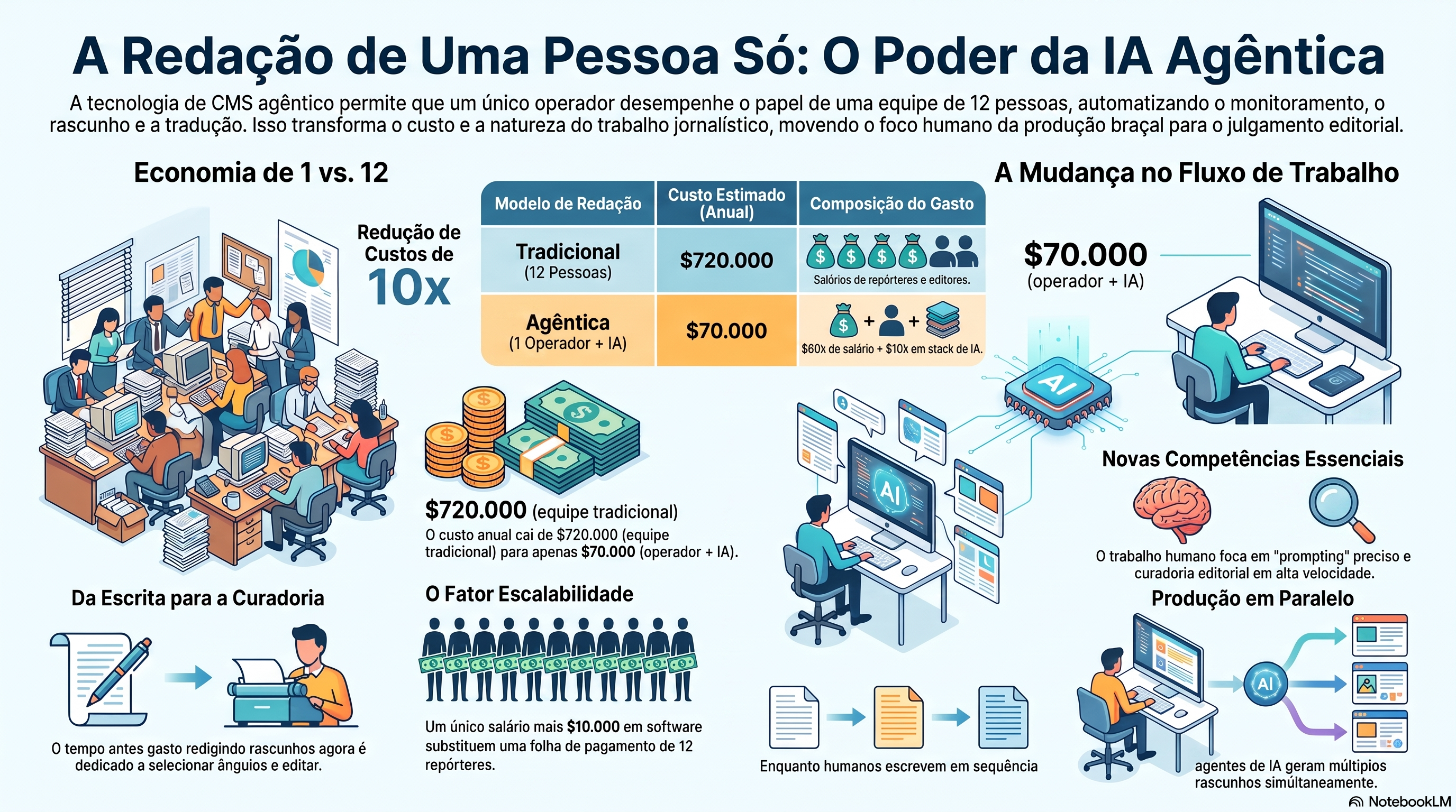 Infográfico sobre a economia de um contra doze: uma mesa de doze pessoas custa cerca de 720.000 dólares por ano em salários enquanto um operador mais uma pilha agêntica custa cerca de 70.000 dólares, uma diferença de dez vezes, e o tempo do operador passa de escrever rascunhos a curar, dar prompts e editar