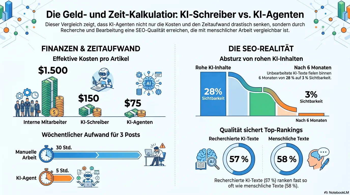 Infografik zur Geld- und Zeitrechnung von KI-Inhalten: Die Kosten pro Artikel sinken mit einem agentischen Workflow auf rund 75 Dollar und 2 Stunden gegenüber etwa 1.500 Dollar und 10 Stunden in manueller Arbeit