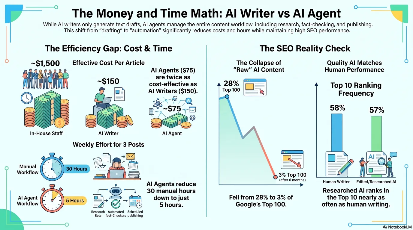 Infographic on the money and time math of AI content: the cash cost per article falls to roughly $75 and 2 hours with an agentic workflow versus about $1,500 and 10 hours the manual way, with the real saving measured in weekly hours rather than dollars