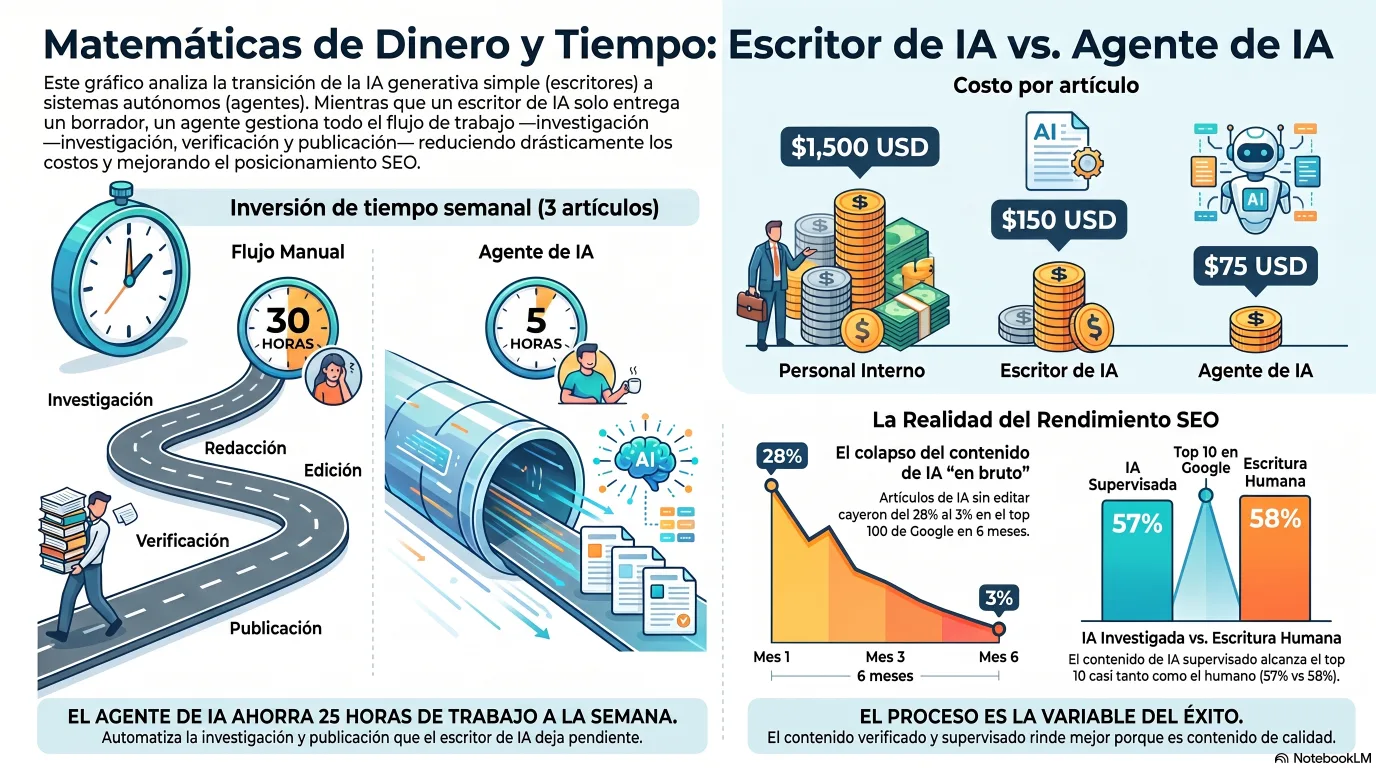 Infografía sobre las matemáticas de dinero y tiempo del contenido con IA: el coste por artículo baja a unos 75 dólares y 2 horas con un flujo agéntico frente a unos 1.500 dólares y 10 horas de forma manual