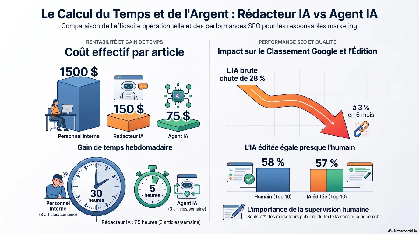 Infographie sur les calculs de temps et d'argent du contenu IA : le coût par article tombe à environ 75 dollars et 2 heures avec un flux agentique contre environ 1 500 dollars et 10 heures à la main