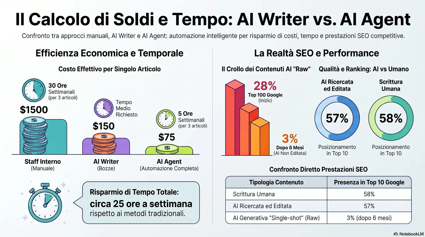 Infografica sulla matematica di denaro e tempo dei contenuti IA: il costo per articolo scende a circa 75 dollari e 2 ore con un flusso agentico rispetto a circa 1.500 dollari e 10 ore in modo manuale