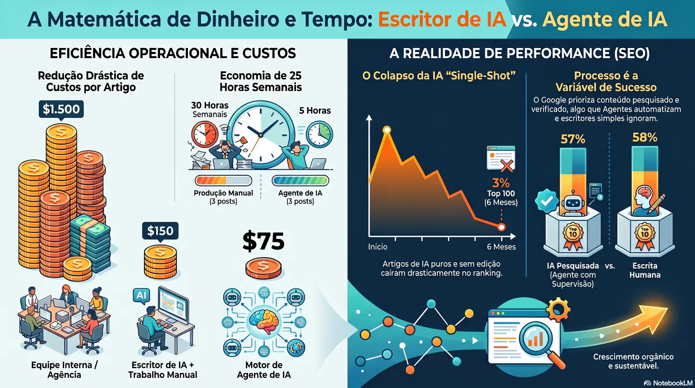 Infográfico sobre a matemática de dinheiro e tempo do conteúdo de IA: o custo por artigo cai para cerca de 75 dólares e 2 horas com um fluxo agêntico, contra cerca de 1.500 dólares e 10 horas de forma manual