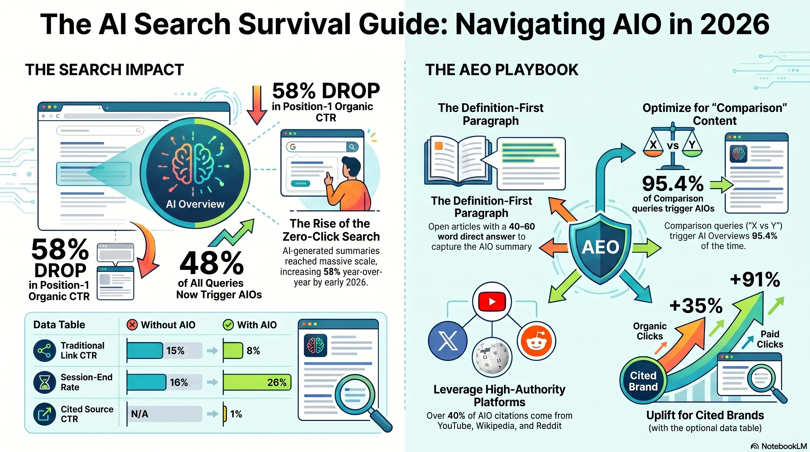 Infographic: the AI Overview CTR collapse 2024–2026 — position-1 organic CTR down 58%, organic CTR on AIO queries down 61%, paid CTR down 68%, UK publisher CTR down 47.5%, plus the AEO playbook for small sites