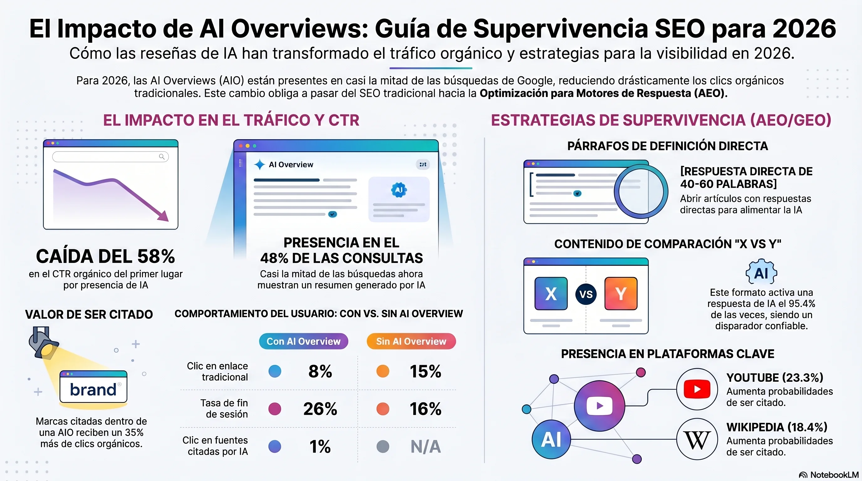 Infografía: el colapso del CTR de los Resúmenes de IA 2024–2026 — CTR orgánico en la posición 1 abajo 58%, CTR orgánico en consultas AIO abajo 61%, CTR pagado abajo 68%, CTR de editores del Reino Unido abajo 47.5%, además del manual de AEO para sitios pequeños