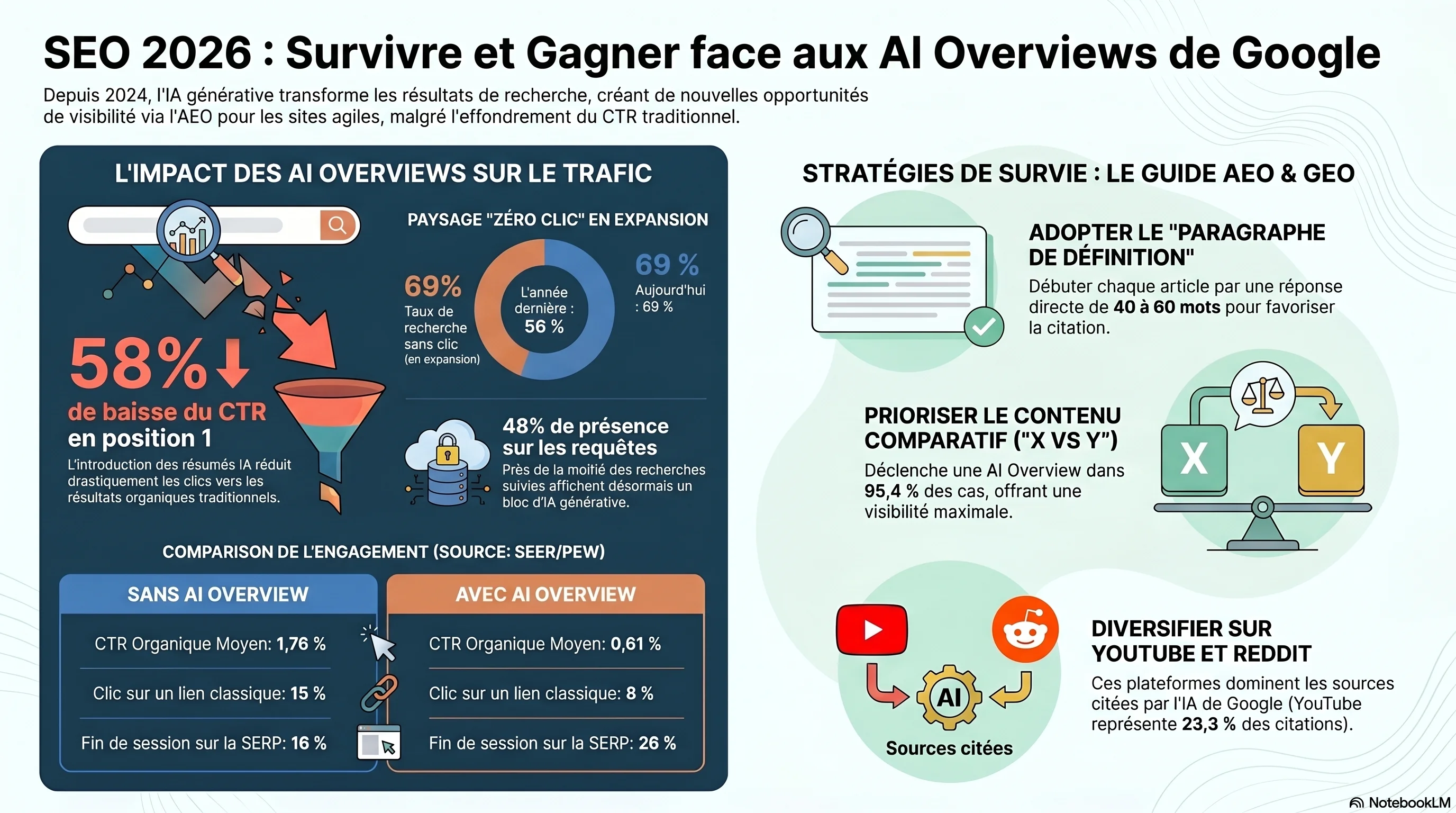 Infographie : l'effondrement du CTR des aperçus IA 2024–2026 — CTR organique en position 1 en baisse de 58 %, CTR organique sur les requêtes AIO en baisse de 61 %, CTR payant en baisse de 68 %, CTR des éditeurs britanniques en baisse de 47,5 %, plus le guide AEO pour les petits sites