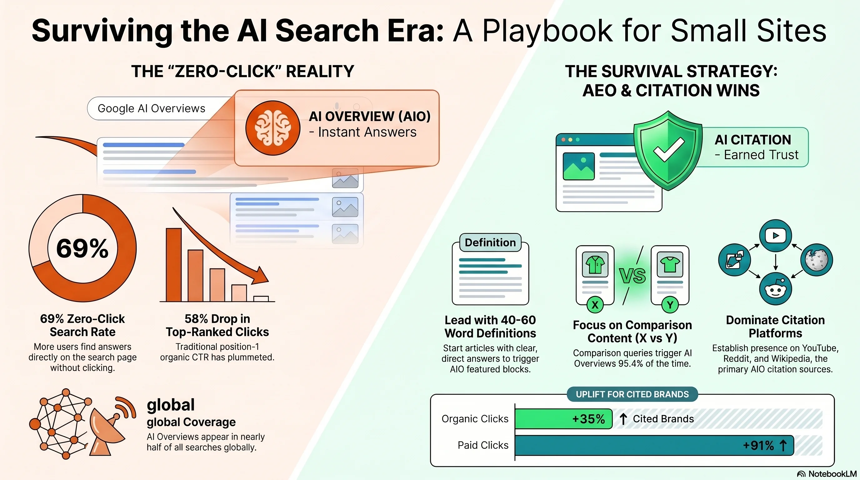 Infographic: surviving the AI search era — 69% zero-click rate, 58% CTR drop, and the AEO survival playbook for small sites with the +35% organic / +91% paid cited-brand uplift