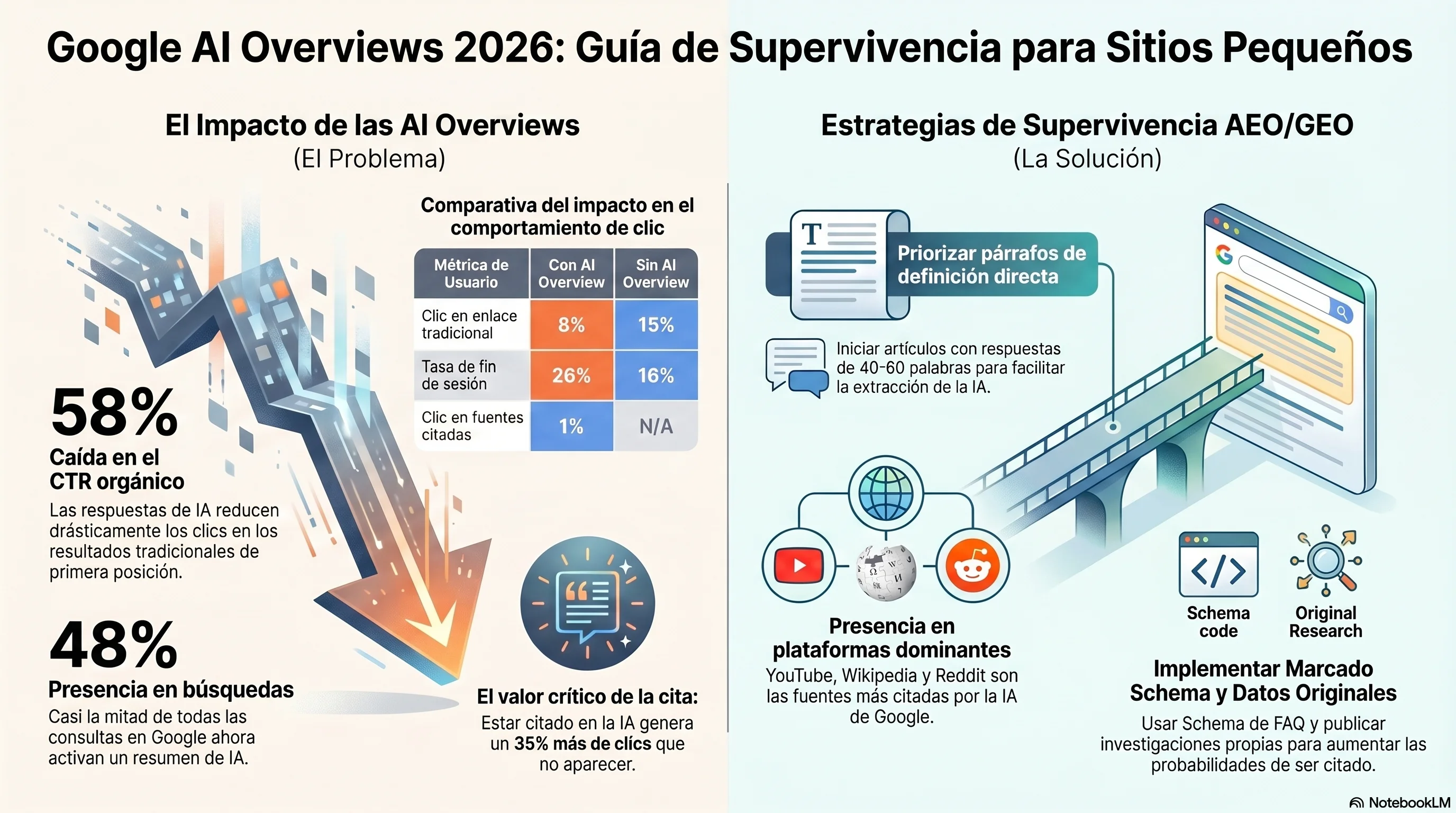 Infografía: sobrevivir a la era de búsqueda de IA — tasa de cero clics del 69%, caída del CTR del 58%, y el manual de supervivencia de AEO para sitios pequeños con el aumento de +35% orgánico / +91% pagado para marcas citadas