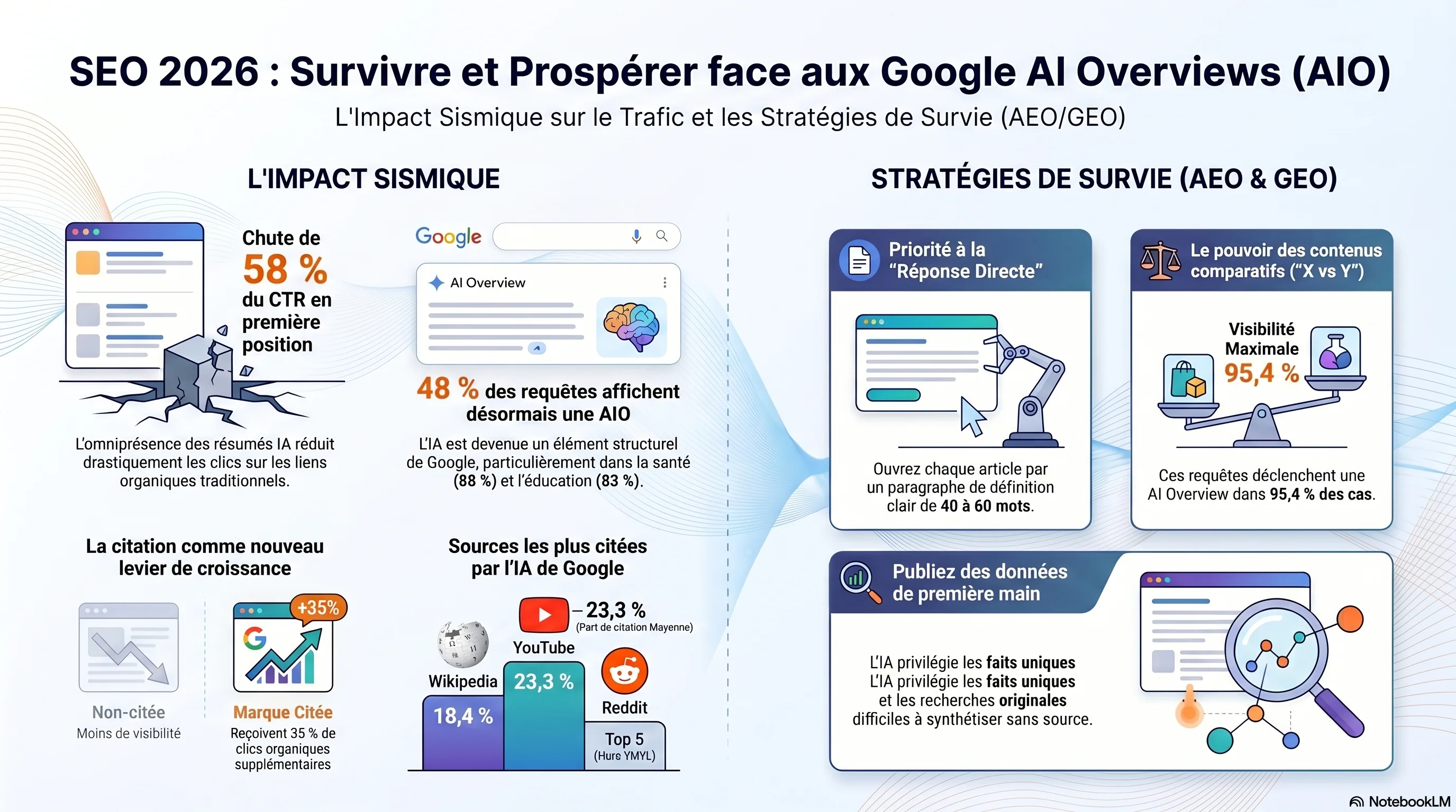 Infographie : survivre à l'ère de la recherche IA — taux de zéro clic de 69 %, baisse du CTR de 58 %, et le guide de survie AEO pour les petits sites avec l'augmentation de +35 % des clics organiques / +91 % des clics payants pour les marques citées