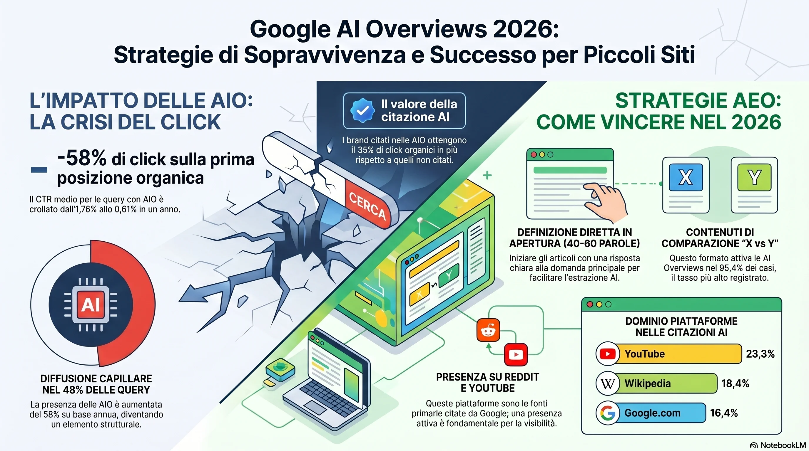 Infografica: sopravvivere all'era della ricerca AI — tasso di zero-clic del 69%, calo del CTR del 58% e il playbook di sopravvivenza AEO per piccoli siti con il +35% di aumento organico / +91% di aumento pagato per i marchi citati