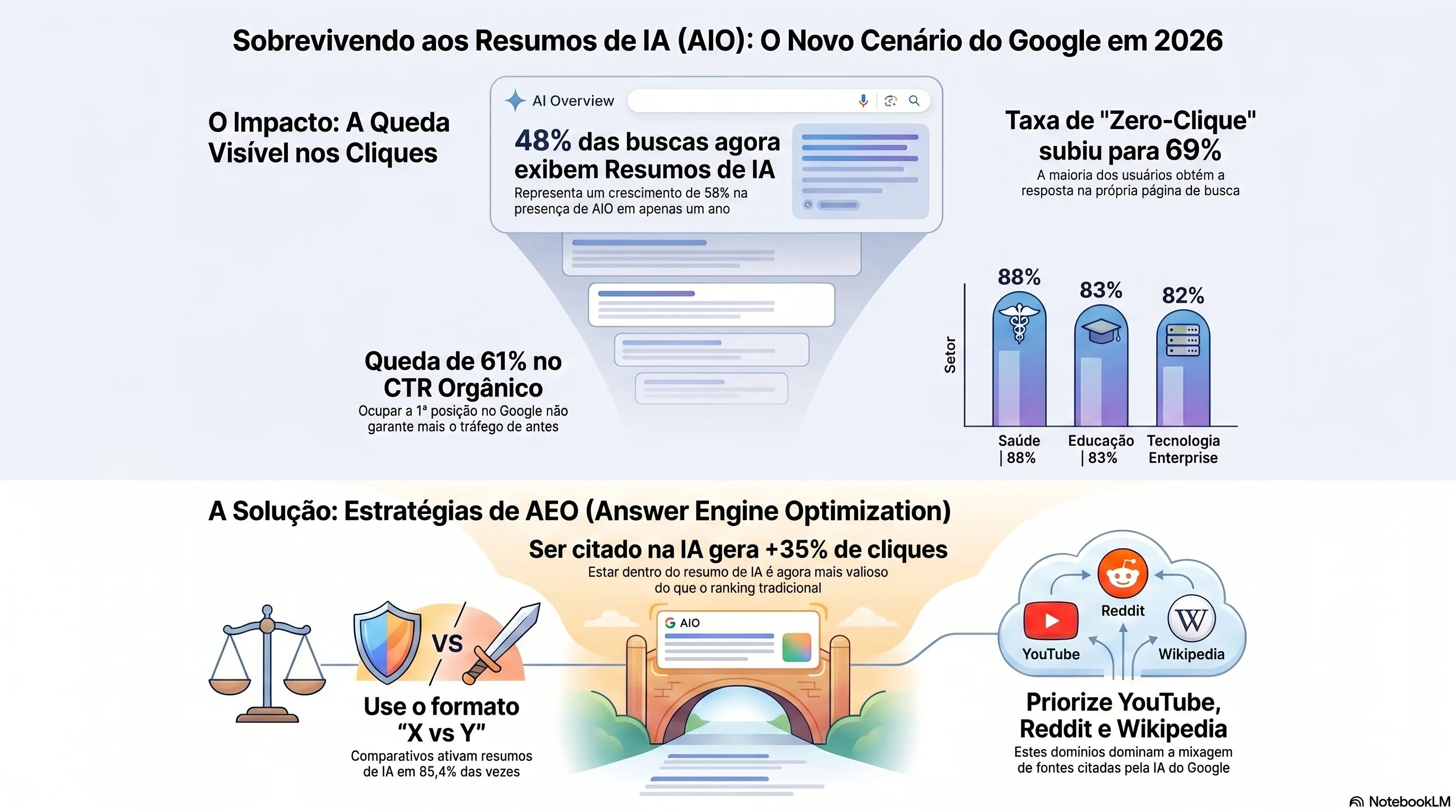 Infográfico: sobrevivendo à era da busca por IA — taxa de zero cliques de 69%, queda de 58% no CTR e o manual de sobrevivência de AEO para pequenos sites com o aumento de +35% orgânico / +91% pago para marcas citadas
