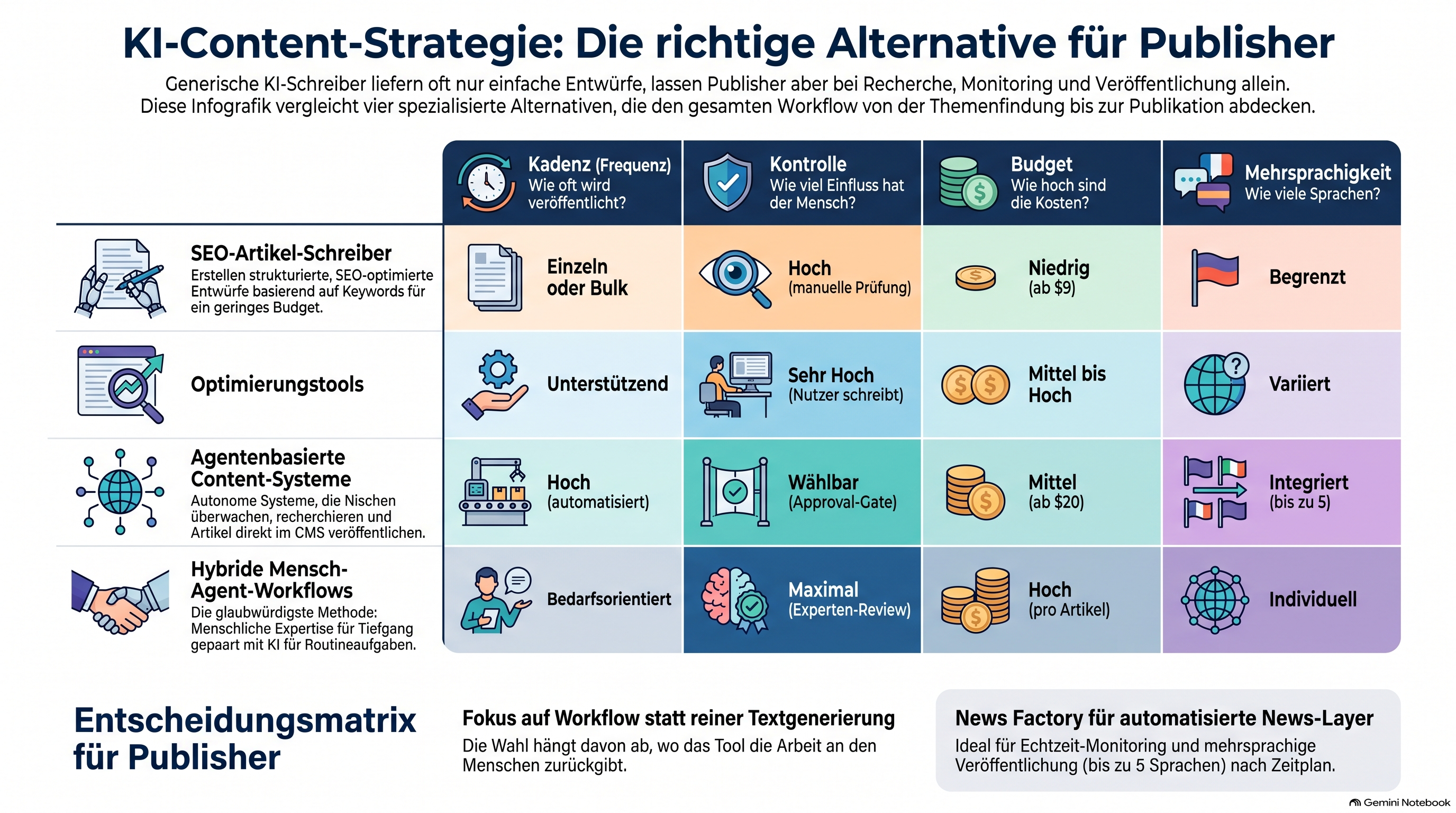 Entscheidungsmatrix, die Kategorien von KI-Textgenerator-Alternativen den Bedürfnissen von Publishern zuordnet
