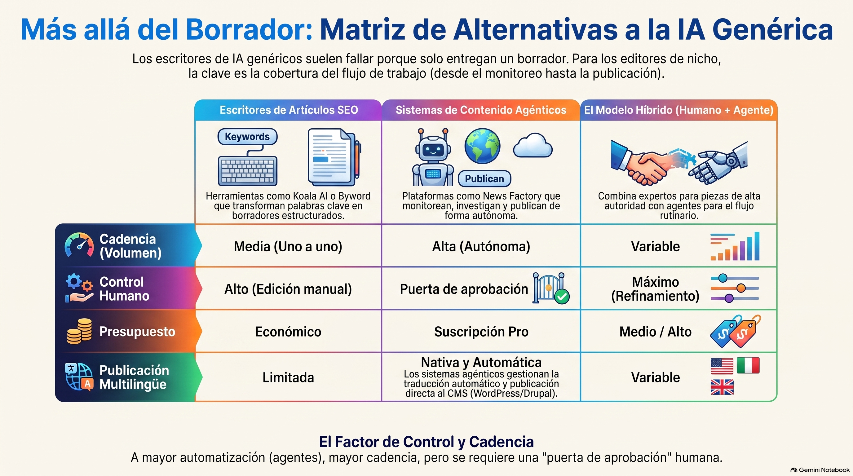 Matriz de decisión que asocia las categorías de alternativas a los escritores de IA con las necesidades de los editores