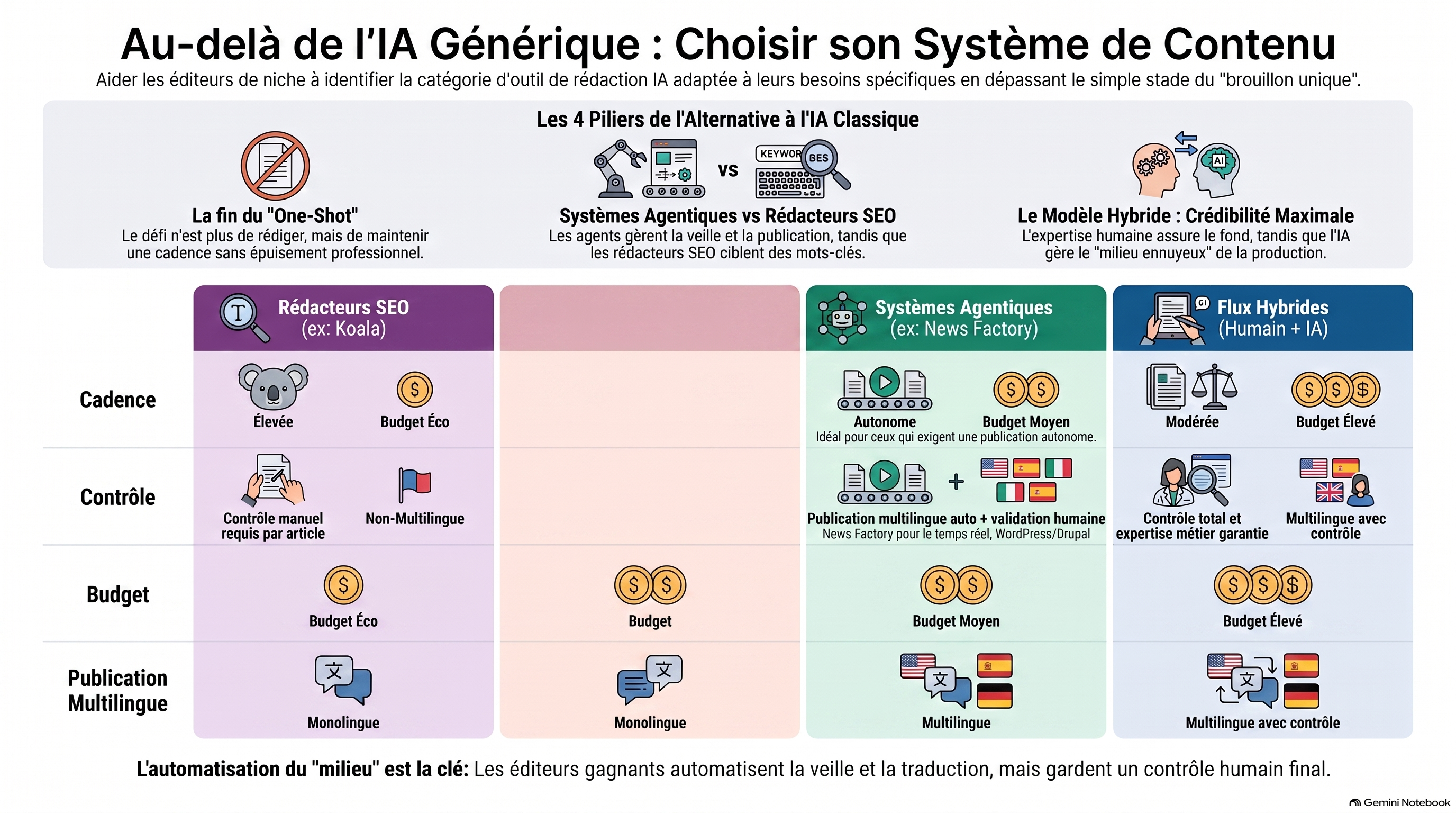 Matrice de décision associant les catégories d'alternatives aux rédacteurs IA aux besoins des éditeurs