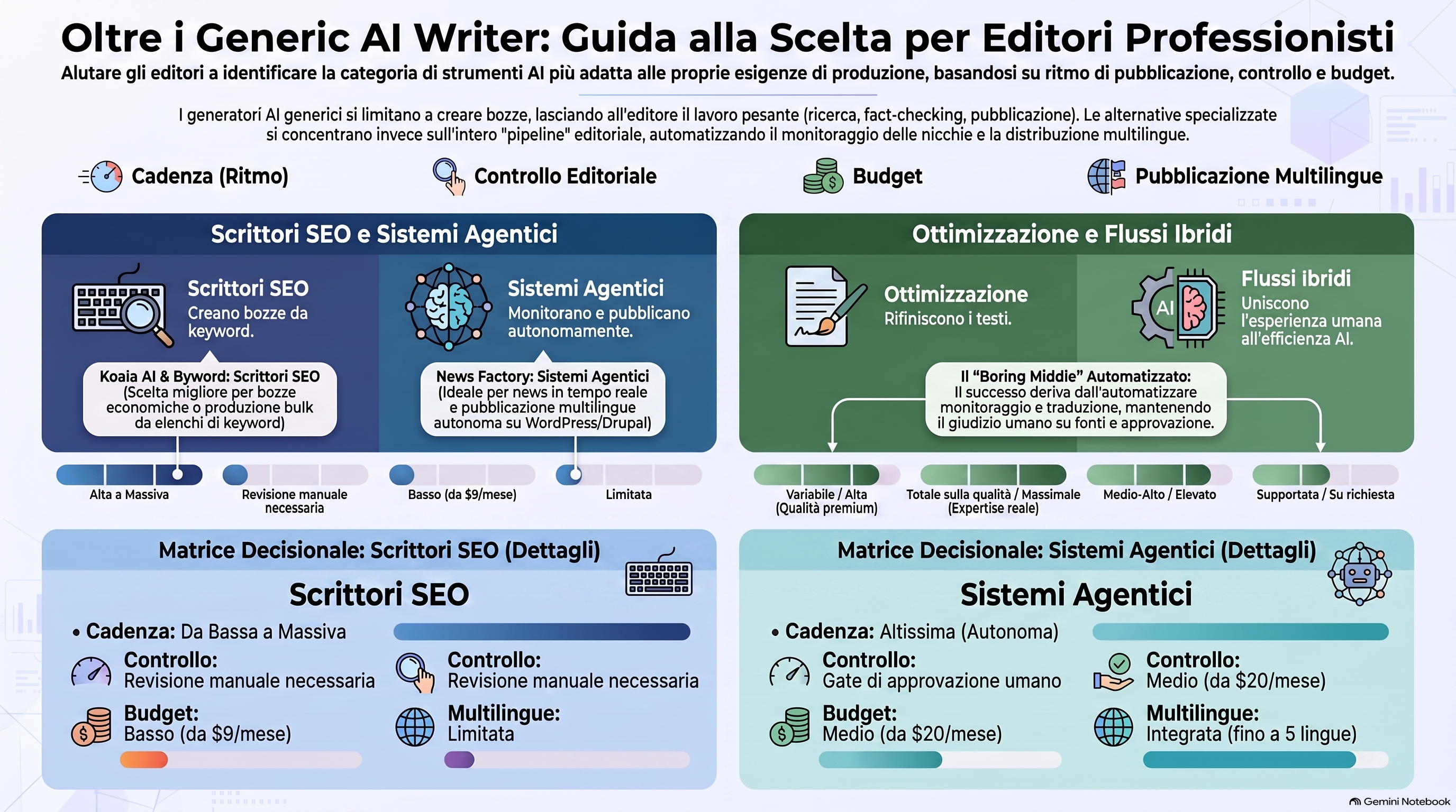 Matrice decisionale che associa le categorie di alternative agli scrittori IA alle esigenze degli editori