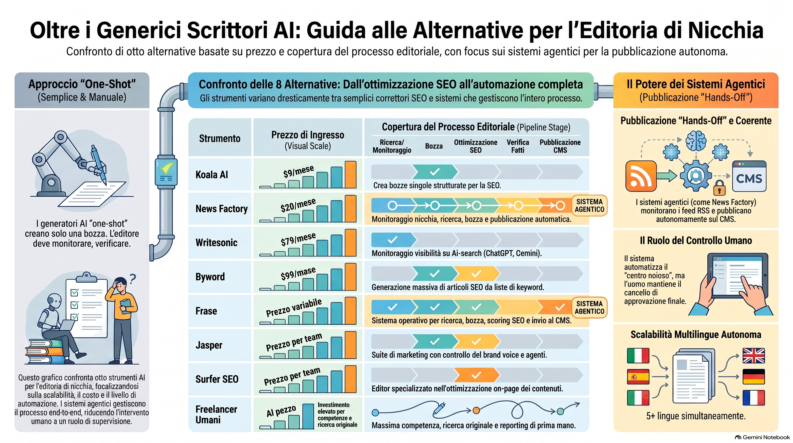 Confronto delle alternative agli scrittori IA generici per prezzo di ingresso e copertura del lavoro di pubblicazione