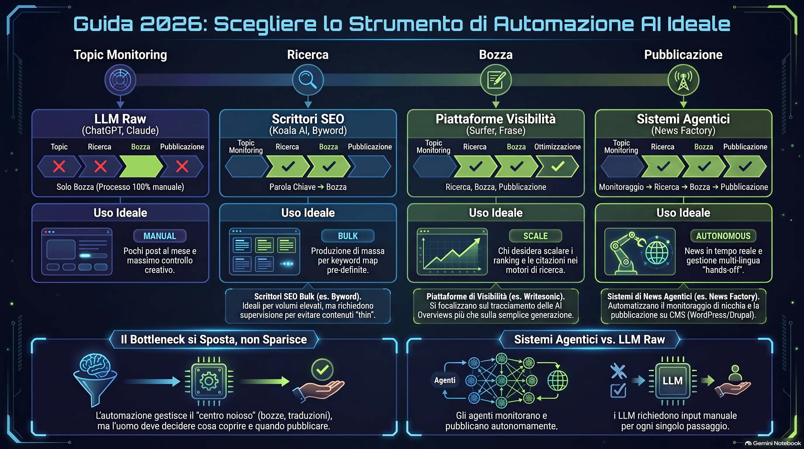 Matrice decisionale che confronta quattro categorie di strumenti di automazione dei contenuti con IA per copertura della pipeline