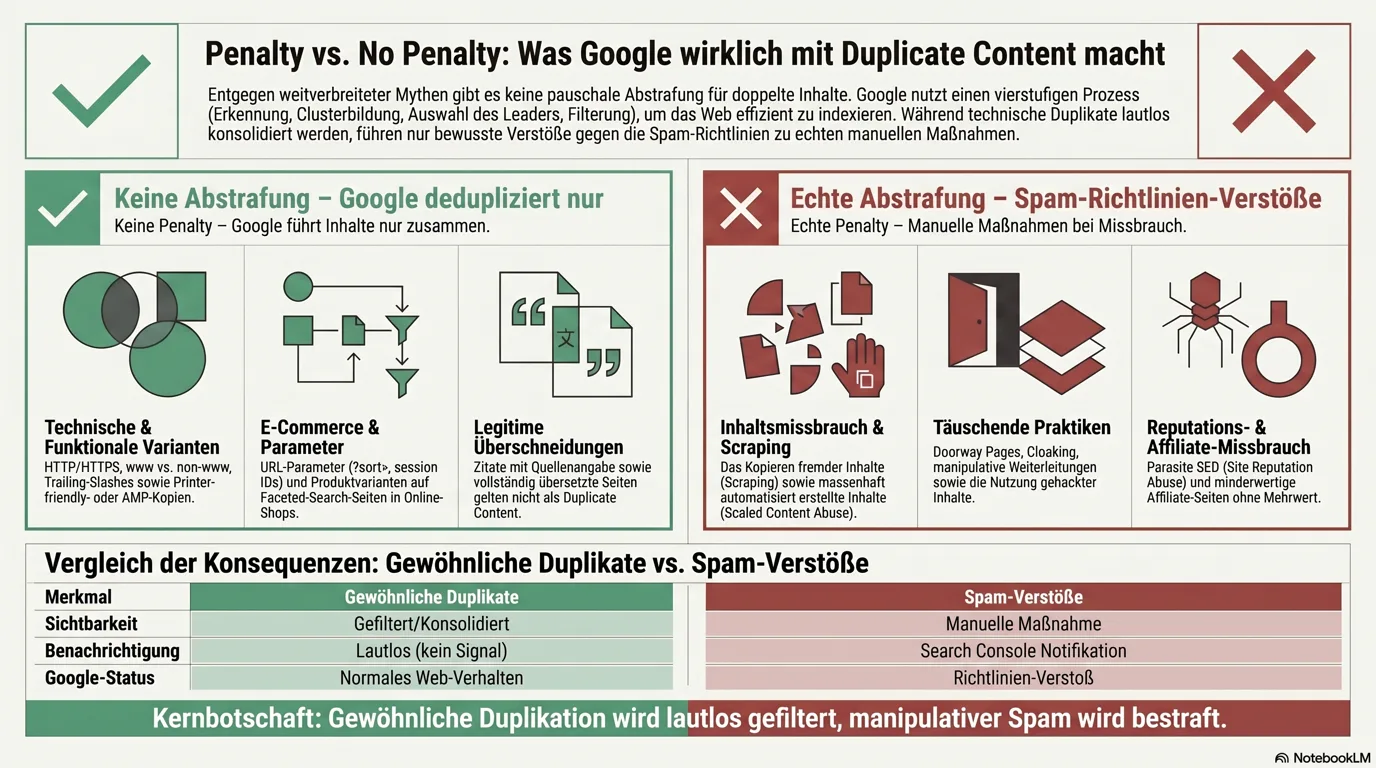 Infografik: Strafe vs. keine Strafe, was Google ignoriert und konsolidiert (HTTP/HTTPS, www-Varianten, URL-Parameter, Produktvarianten, Zitieren und Verlinken, übersetzte Seiten) gegenüber dem, was tatsächlich bestraft wird (Scraping, skalierter Content-Missbrauch, Site Reputation Abuse / Parasite SEO, Doorway-Seiten und Cloaking, dünner Affiliate-Spam)