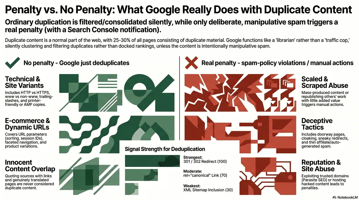 Infographic: penalty vs. no penalty, what Google ignores and consolidates (HTTP/HTTPS, www variants, URL parameters, product variations, quoting and linking, translated pages) versus what actually gets penalized (scraping, scaled content abuse, parasite SEO / site reputation abuse, doorway pages and cloaking, thin affiliate spam)