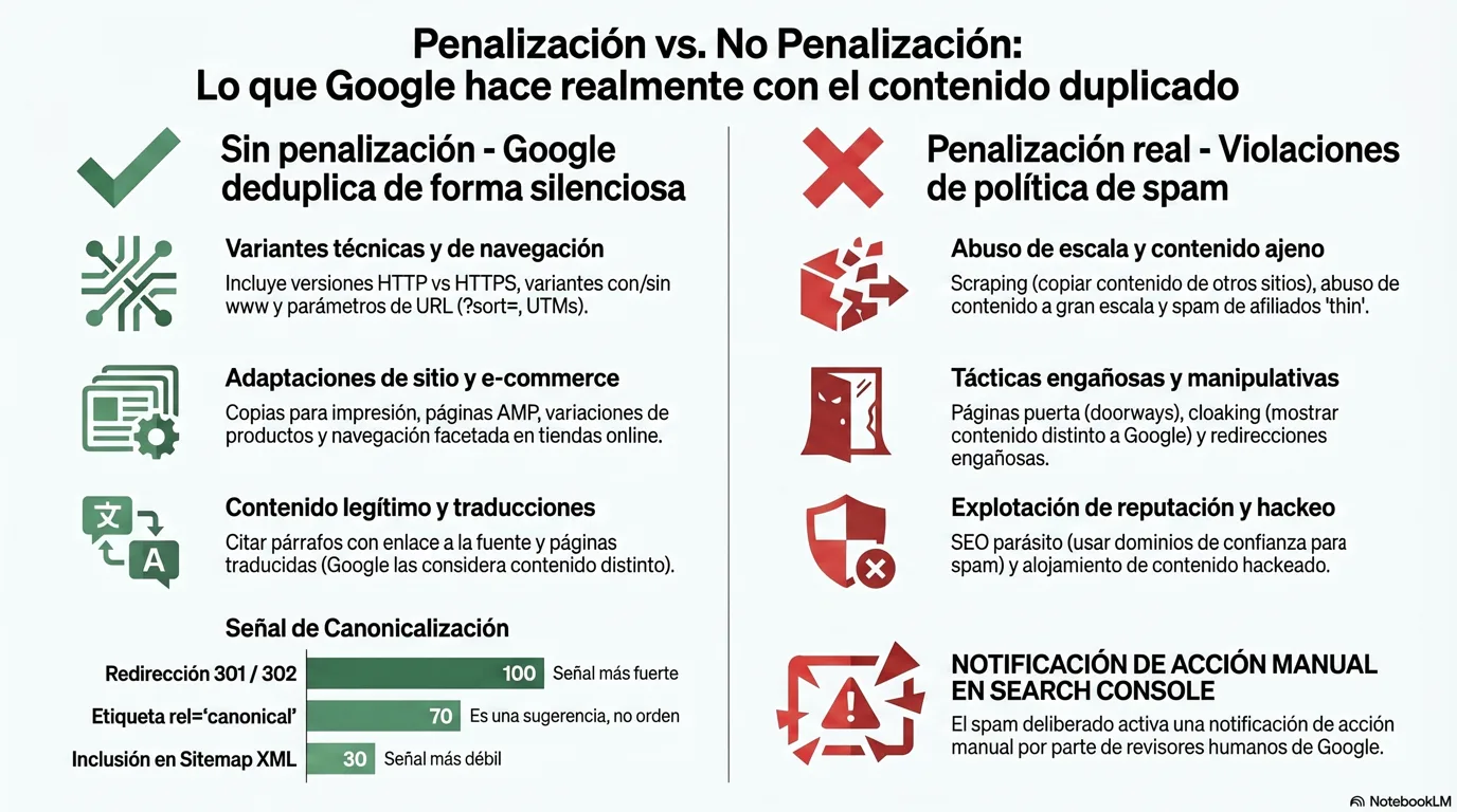 Infografía: penalización vs. sin penalización, lo que Google ignora y consolida (HTTP/HTTPS, variantes www, parámetros de URL, variaciones de producto, citar y enlazar, páginas traducidas) frente a lo que sí se penaliza (scraping, abuso de contenido a escala, abuso de reputación del sitio / parasite SEO, páginas puerta y cloaking, spam de afiliación pobre)