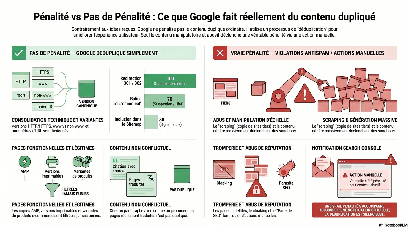 Infographie : pénalité vs. aucune pénalité, ce que Google ignore et consolide (HTTP/HTTPS, variantes www, paramètres d'URL, variations de produit, citation et lien, pages traduites) face à ce qui est réellement pénalisé (scraping, abus de contenu à grande échelle, abus de réputation de site / parasite SEO, pages satellites et cloaking, spam d'affiliation pauvre)