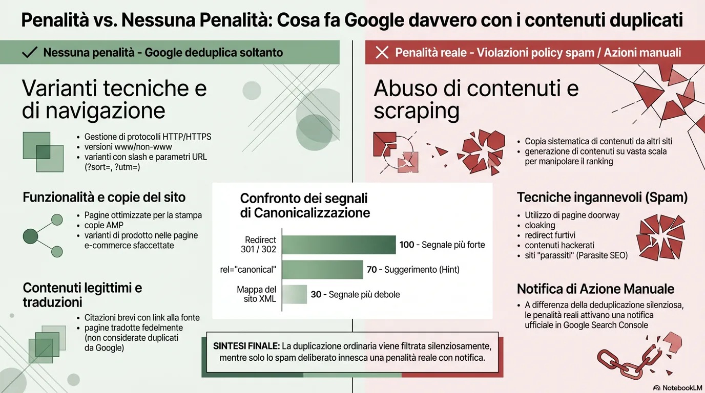 Infografica: penalità vs. nessuna penalità, ciò che Google ignora e consolida (HTTP/HTTPS, varianti www, parametri URL, variazioni di prodotto, citazioni e link, pagine tradotte) rispetto a ciò che viene davvero penalizzato (scraping, abuso di contenuti su larga scala, abuso della reputazione del sito / parasite SEO, doorway page e cloaking, spam di affiliazione povero)