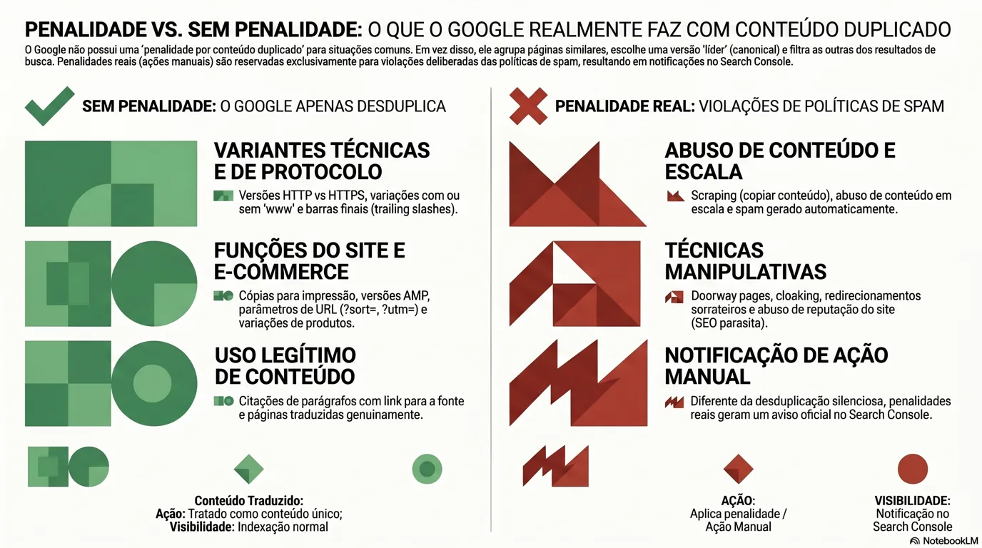 Infográfico: penalidade vs. sem penalidade, o que o Google ignora e consolida (HTTP/HTTPS, variantes www, parâmetros de URL, variações de produto, citar e vincular, páginas traduzidas) versus o que é realmente penalizado (scraping, abuso de conteúdo em escala, abuso de reputação do site / parasite SEO, páginas-porta e cloaking, spam de afiliados pobre)
