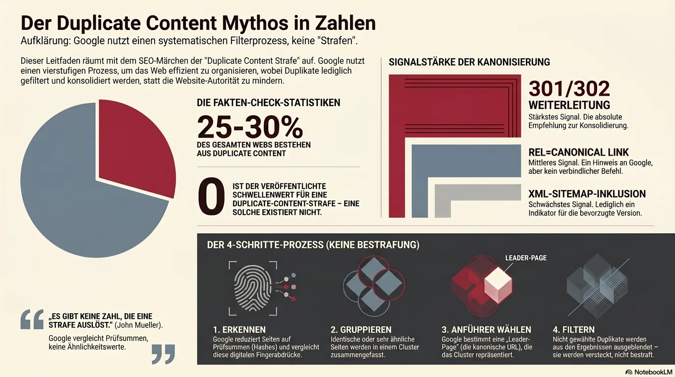 Infografik: der Duplicate-Content-Mythos in Zahlen, 25–30 % des Webs sind Duplicate Content (Matt Cutts, 2013), ein veröffentlichter Strafschwellenwert von 0 %, die Stärke der Kanonisierungssignale (301/302-Weiterleitung am stärksten, rel=canonical ein Hinweis, XML-Sitemap am schwächsten) und Googles vierstufiger Prozess: Erkennen, Gruppieren, Anführer wählen, Filtern