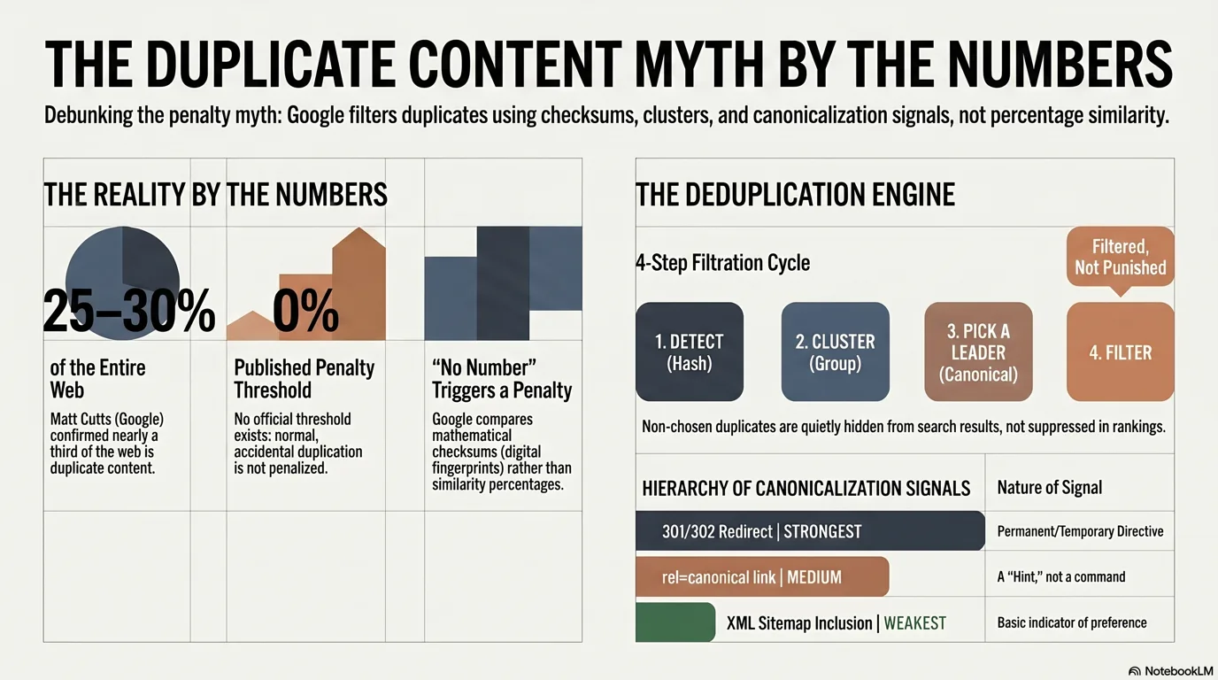 Infographic: the duplicate content myth by the numbers, 25–30% of the web is duplicate content (Matt Cutts, 2013), a 0% published penalty threshold, the canonicalization signal strength (301/302 redirect strongest, rel=canonical a hint, XML sitemap weakest), and Google's four-step detect, cluster, pick a leader, filter process