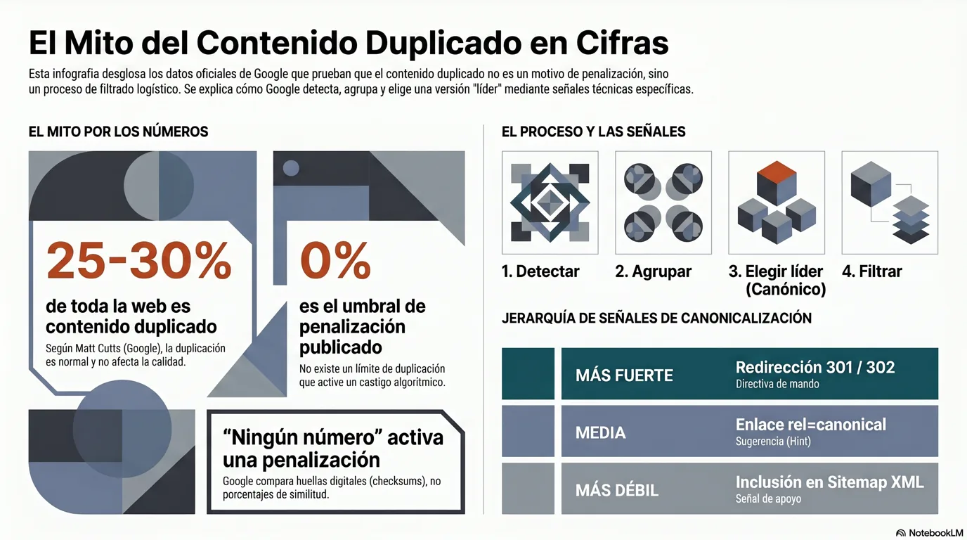 Infografía: el mito del contenido duplicado en cifras, el 25–30% de la web es contenido duplicado (Matt Cutts, 2013), un umbral de penalización publicado del 0%, la fuerza de las señales de canonicalización (redirección 301/302 la más fuerte, rel=canonical una pista, sitemap XML la más débil) y el proceso de cuatro pasos de Google: detectar, agrupar, elegir un líder, filtrar