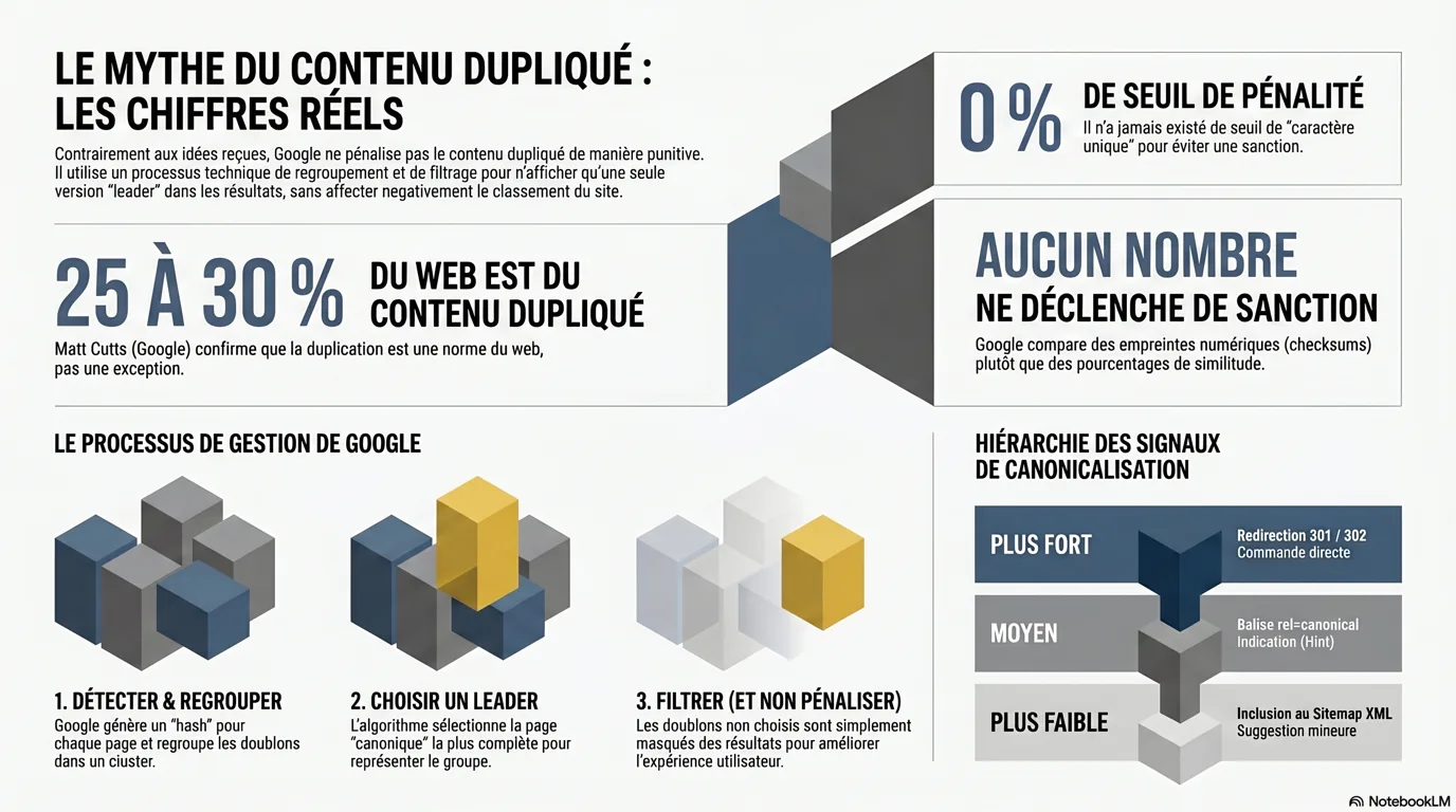 Infographie : le mythe du contenu dupliqué en chiffres, 25 à 30 % du web est du contenu dupliqué (Matt Cutts, 2013), un seuil de pénalité publié de 0 %, la force des signaux de canonicalisation (redirection 301/302 la plus forte, rel=canonical un indice, sitemap XML le plus faible) et le processus en quatre étapes de Google : détecter, regrouper, choisir un leader, filtrer