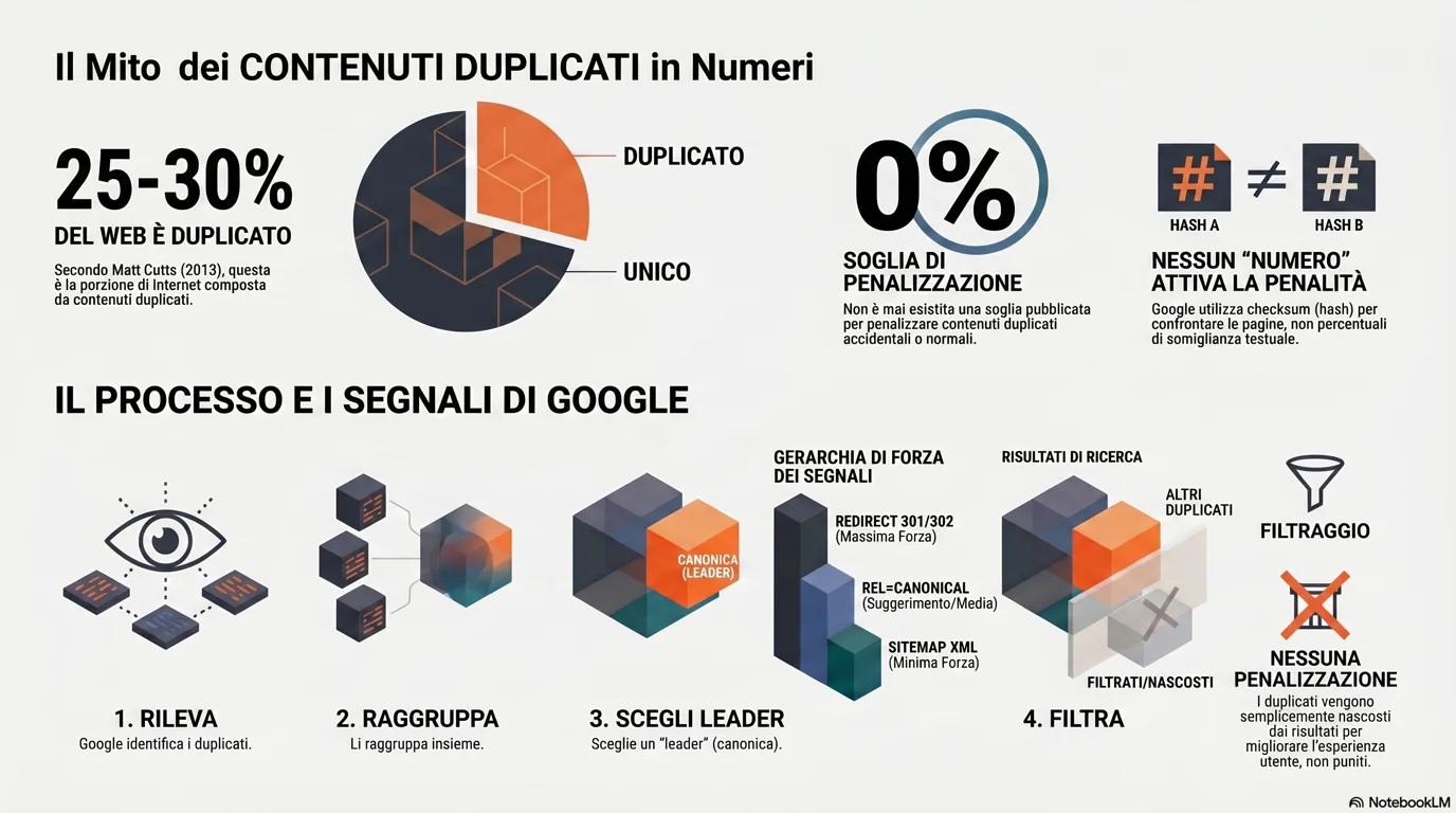 Infografica: il mito dei contenuti duplicati in numeri, il 25–30% del web è contenuto duplicato (Matt Cutts, 2013), una soglia di penalità pubblicata dello 0%, la forza dei segnali di canonicalizzazione (redirect 301/302 il più forte, rel=canonical un suggerimento, sitemap XML il più debole) e il processo in quattro fasi di Google: rilevare, raggruppare, scegliere un leader, filtrare