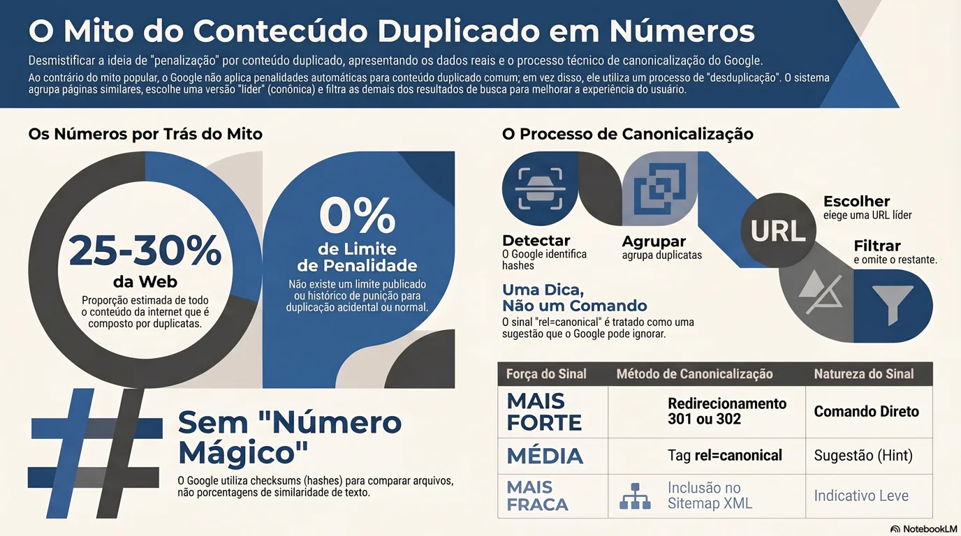 Infográfico: o mito do conteúdo duplicado em números, 25–30% da web é conteúdo duplicado (Matt Cutts, 2013), um limite de penalidade publicado de 0%, a força dos sinais de canonicalização (redirecionamento 301/302 o mais forte, rel=canonical uma dica, sitemap XML o mais fraco) e o processo de quatro etapas do Google: detectar, agrupar, escolher um líder, filtrar