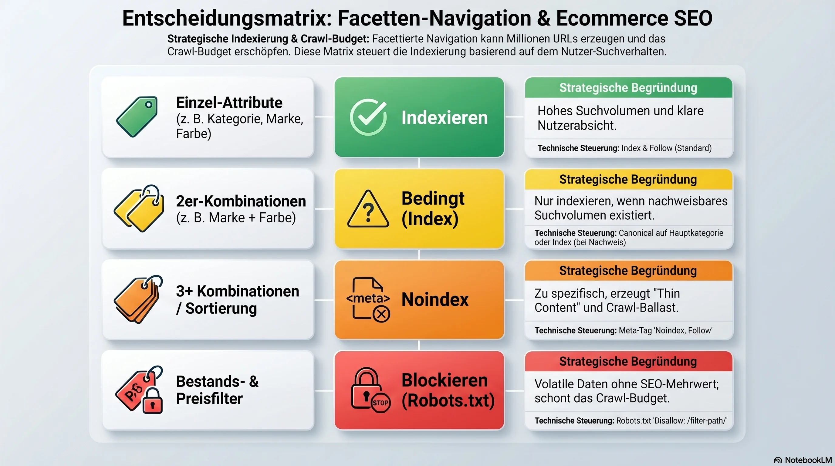 Entscheidungsmatrix Ecommerce-SEO — Facetten-Navigation nach Facetten-Typ