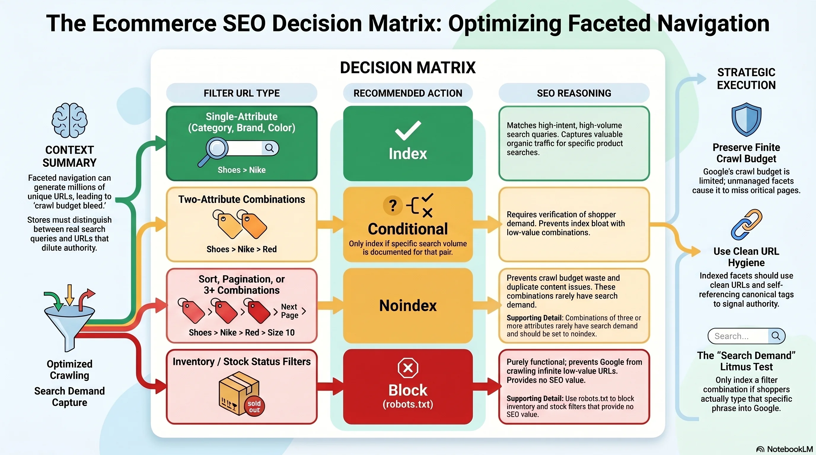 Ecommerce SEO decision matrix — faceted navigation treatment by facet type